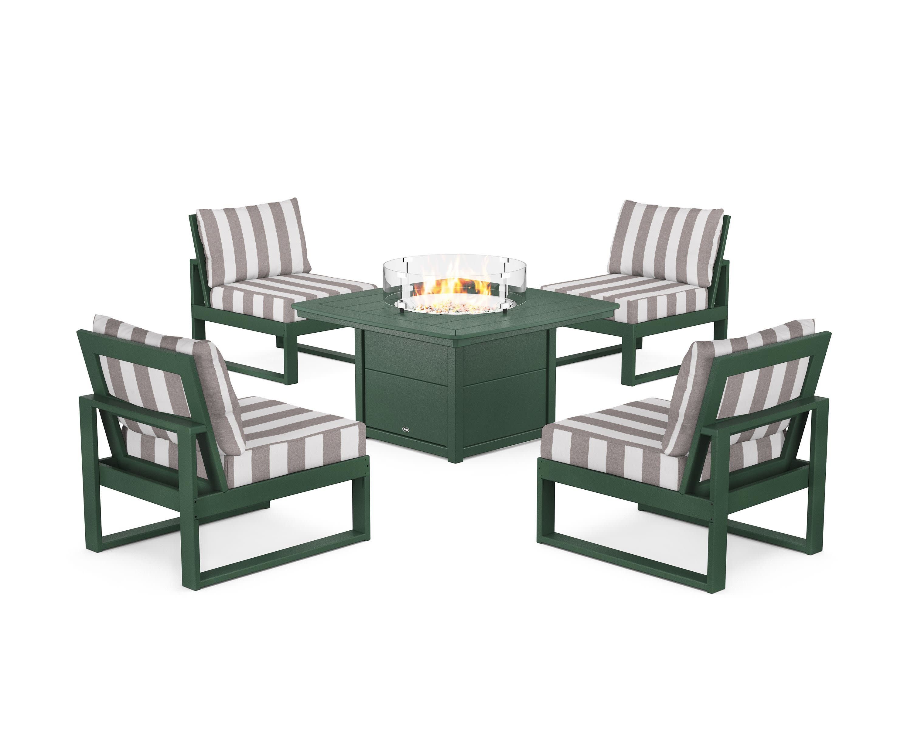 Eastport Modular 5-Piece Deep Seating Set with Yacht Club Fire Pit Table in Rainforest Canopy / Cabana Stripe Grey Mist