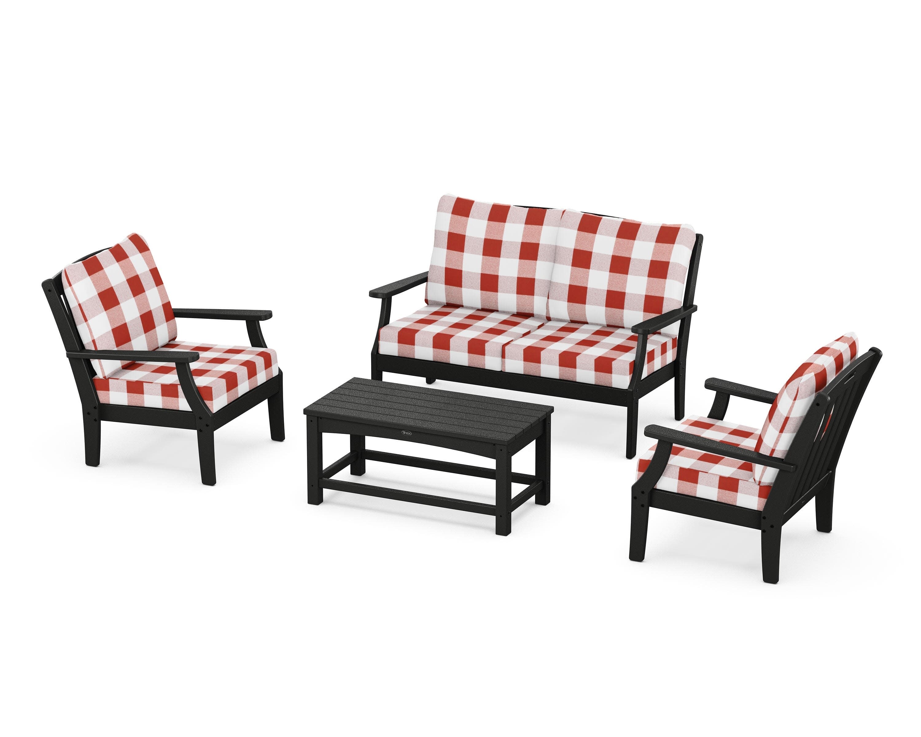 Yacht Club 4-Piece Deep Seating Chair Set in Charcoal Black / Buffalo Plaid Crimson