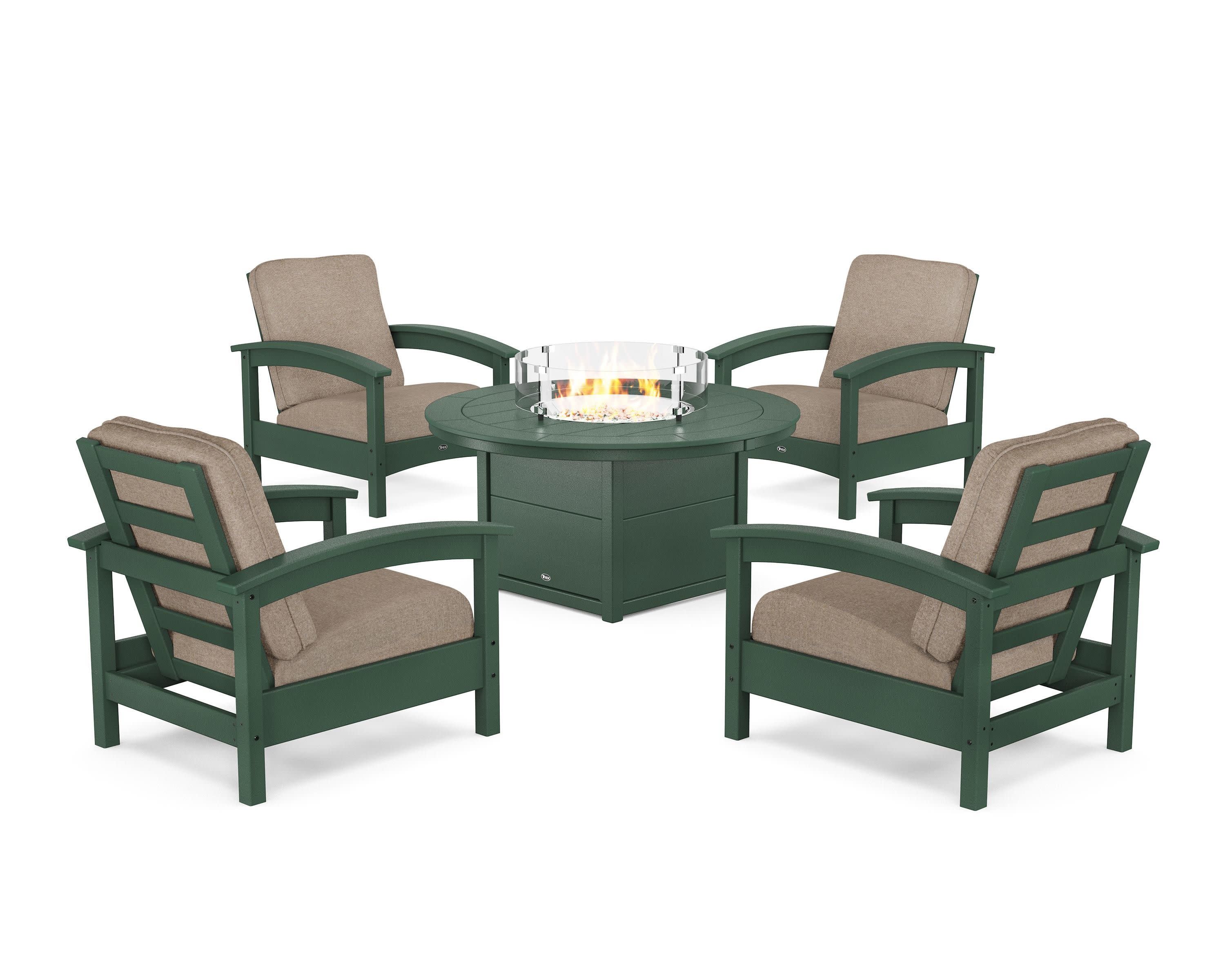 Rockport 5-Piece Deep Seating Set with Round Fire Pit Table in Rainforest Canopy / Spiced Burlap