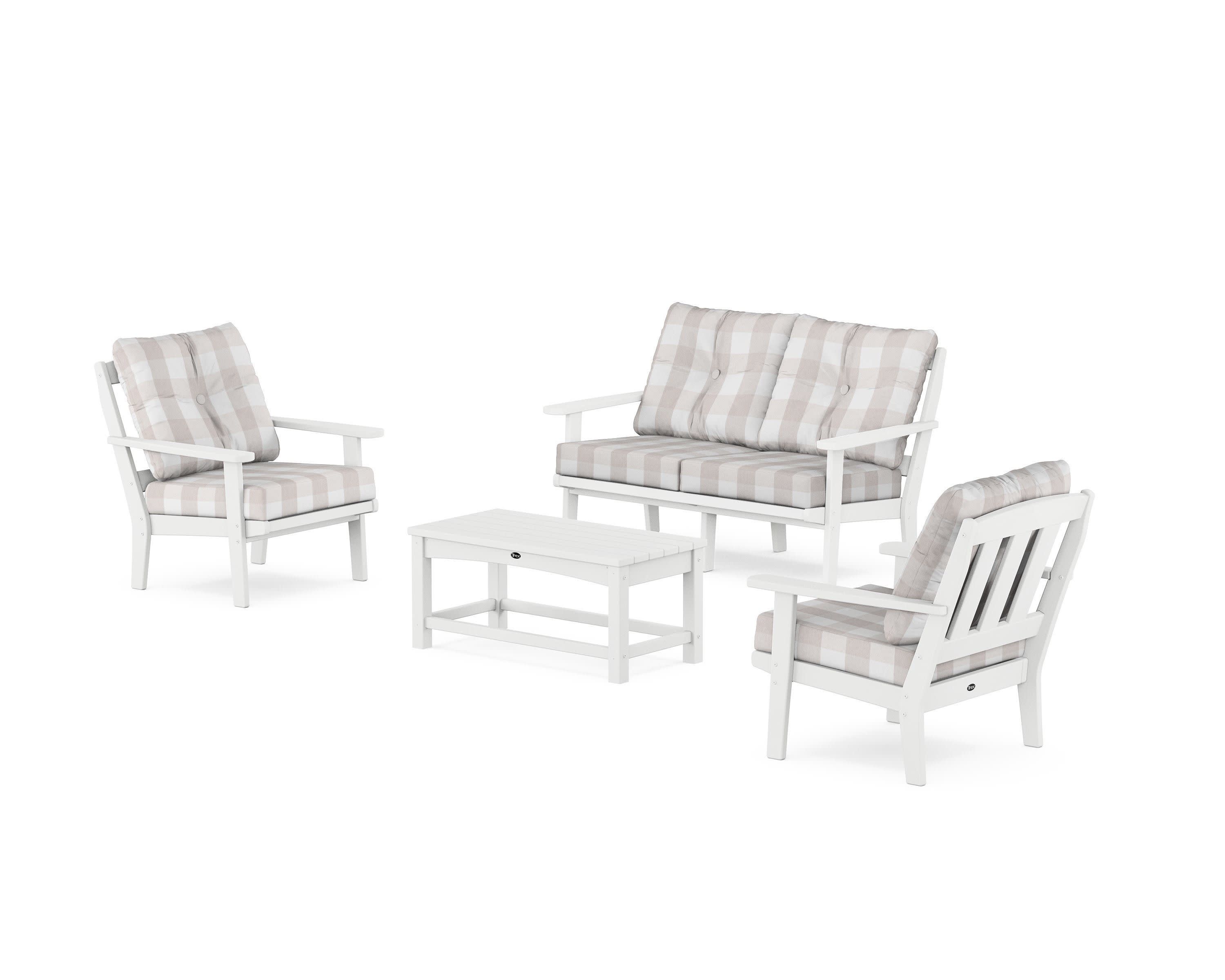 Cape Cod 4-Piece Deep Seating Set with Loveseat in Classic White / Buffalo Plaid Dune Burlap