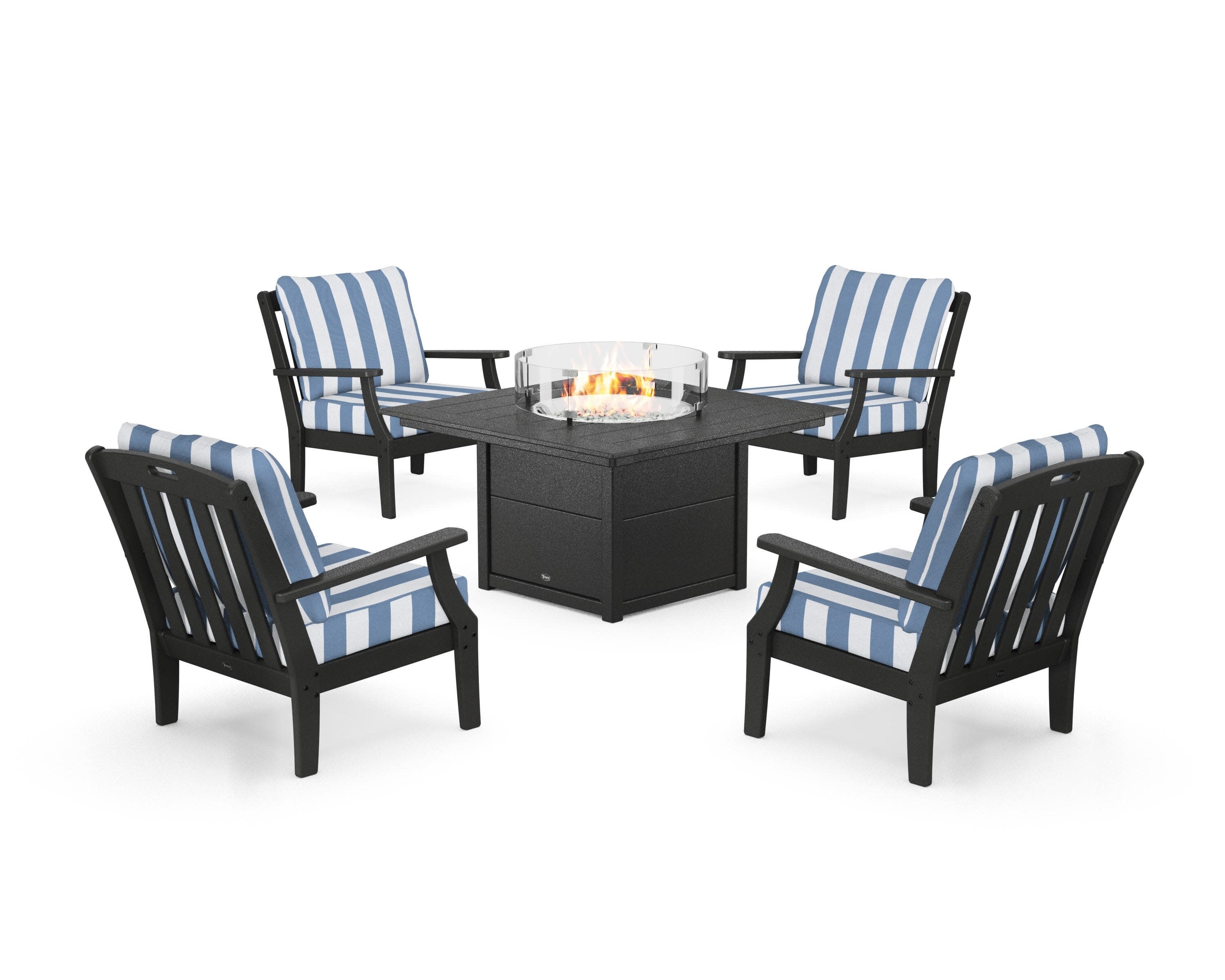 Yacht Club 5-Piece Deep Seating Set with Square Fire Pit Table in Charcoal Black / Cabana Stripe Sky Blue