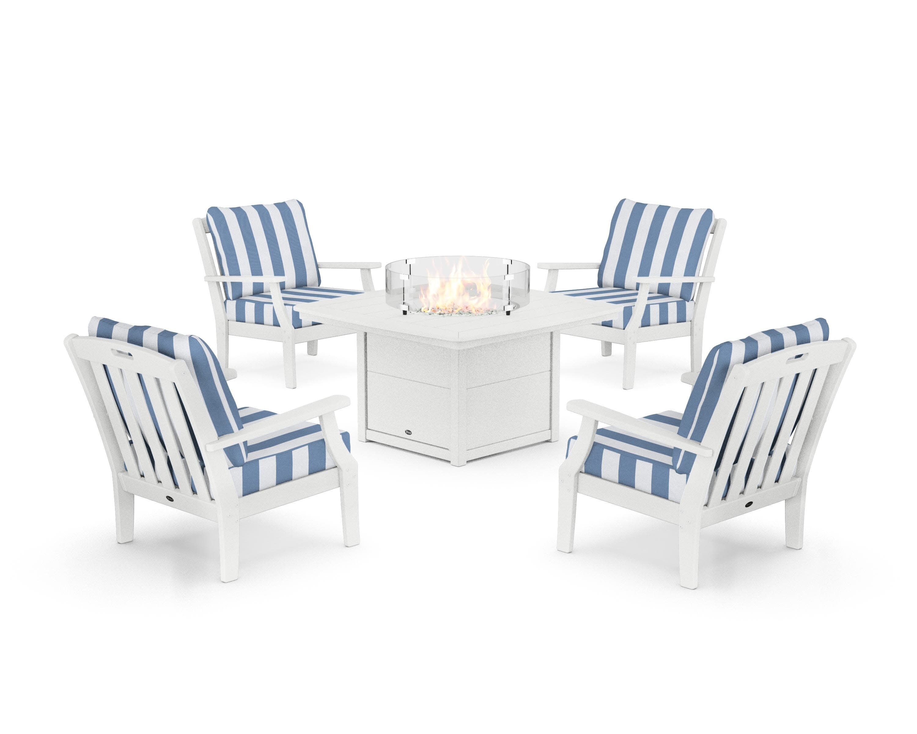 Yacht Club 5-Piece Deep Seating Set with Fire Pit Table in Classic White / Cabana Stripe Sky Blue