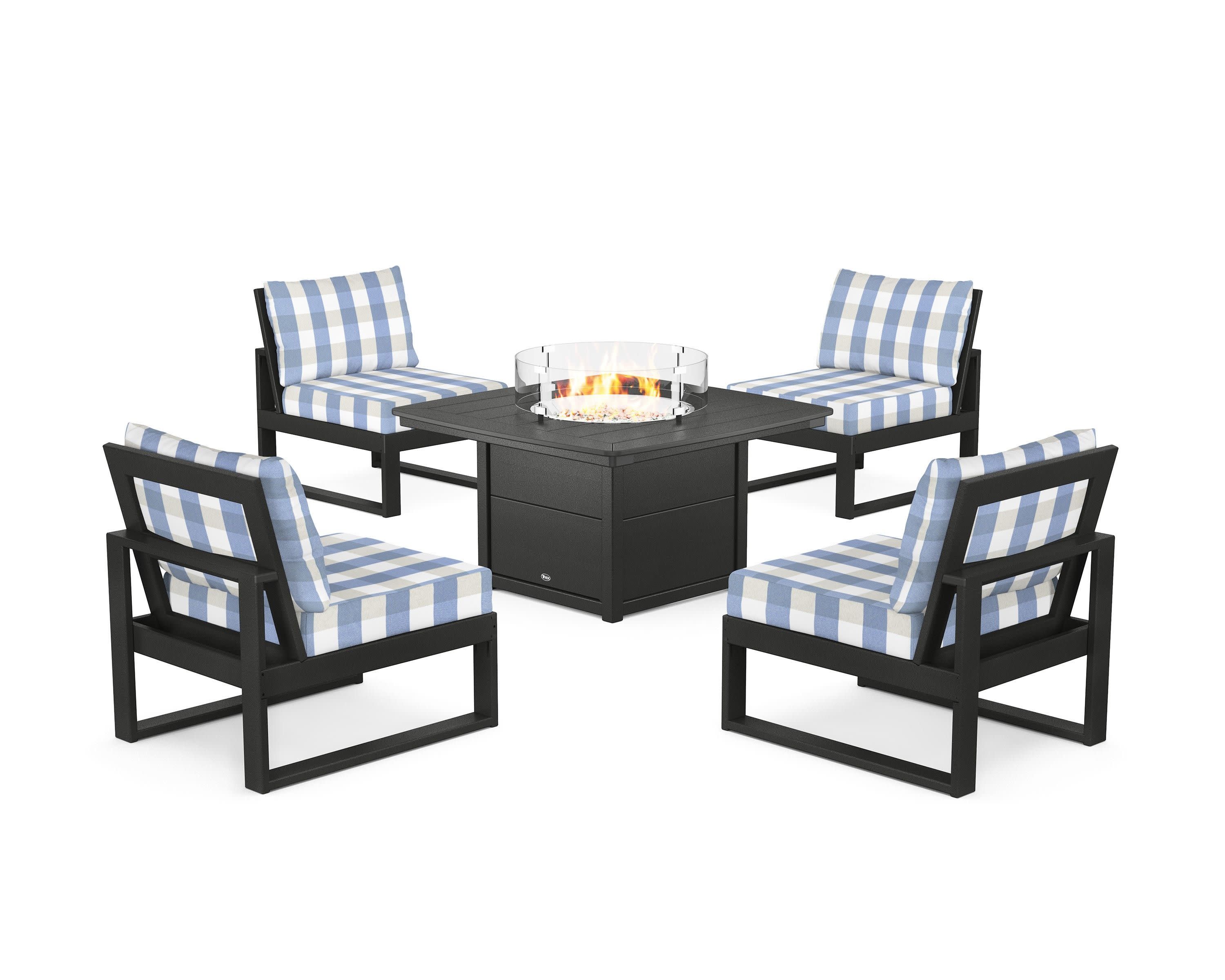 Eastport Modular 5-Piece Deep Seating Set with Yacht Club Fire Pit Table in Charcoal Black / Buffalo Plaid Sky Blue