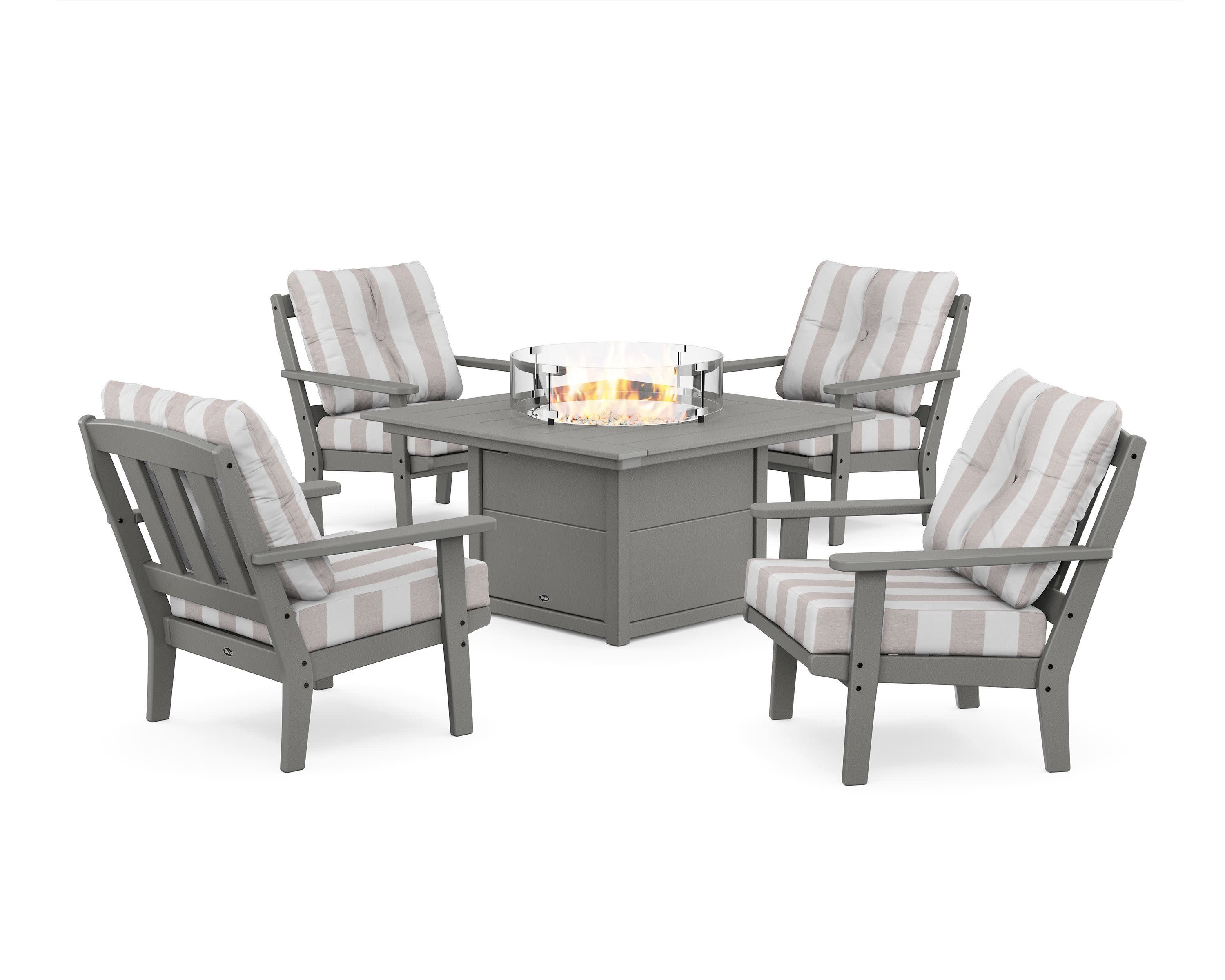Cape Cod 5-Piece Deep Seating Set with Fire Pit Table in Stepping Stone / Cabana Stripe Dune Burlap