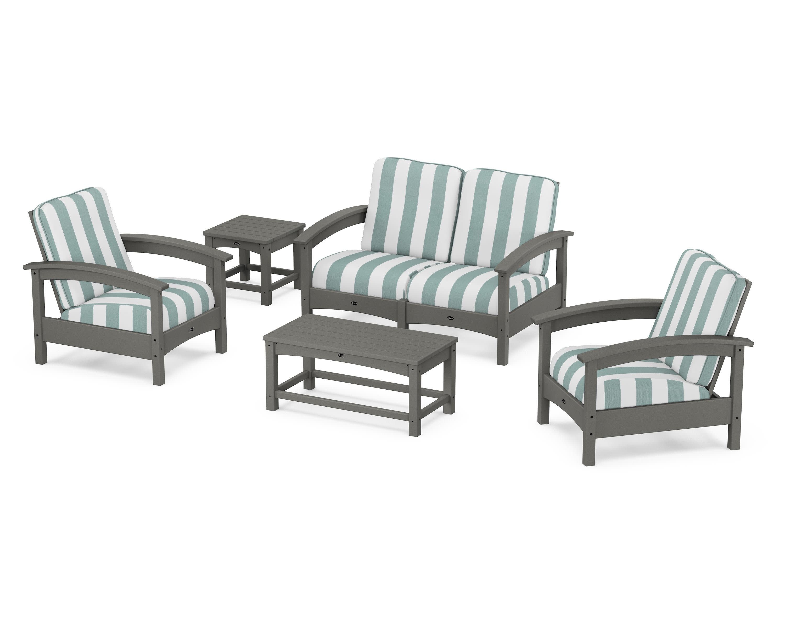 Rockport Club 6-Piece Deep Seating Conversation Set in Stepping Stone / Cabana Stripe Glacier Spa