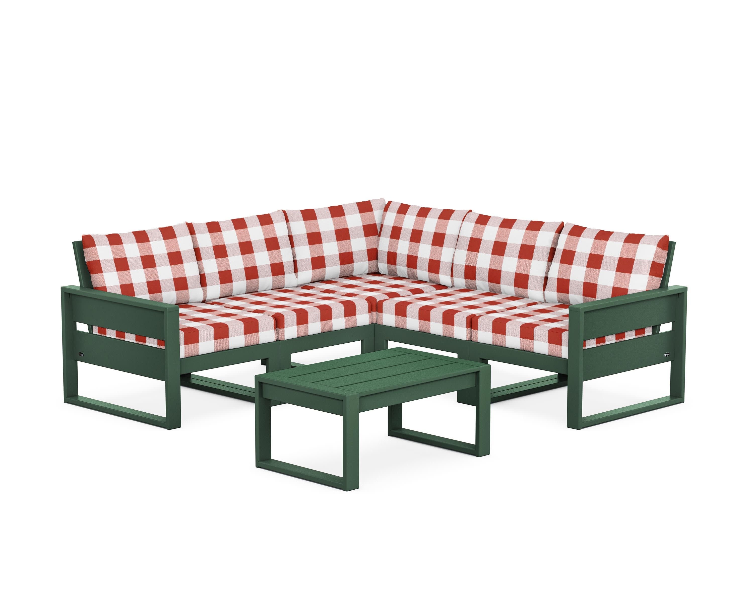 Eastport 6-Piece Deep Seating Sectional + Coffee Table Set in Rainforest Canopy / Buffalo Plaid Crimson