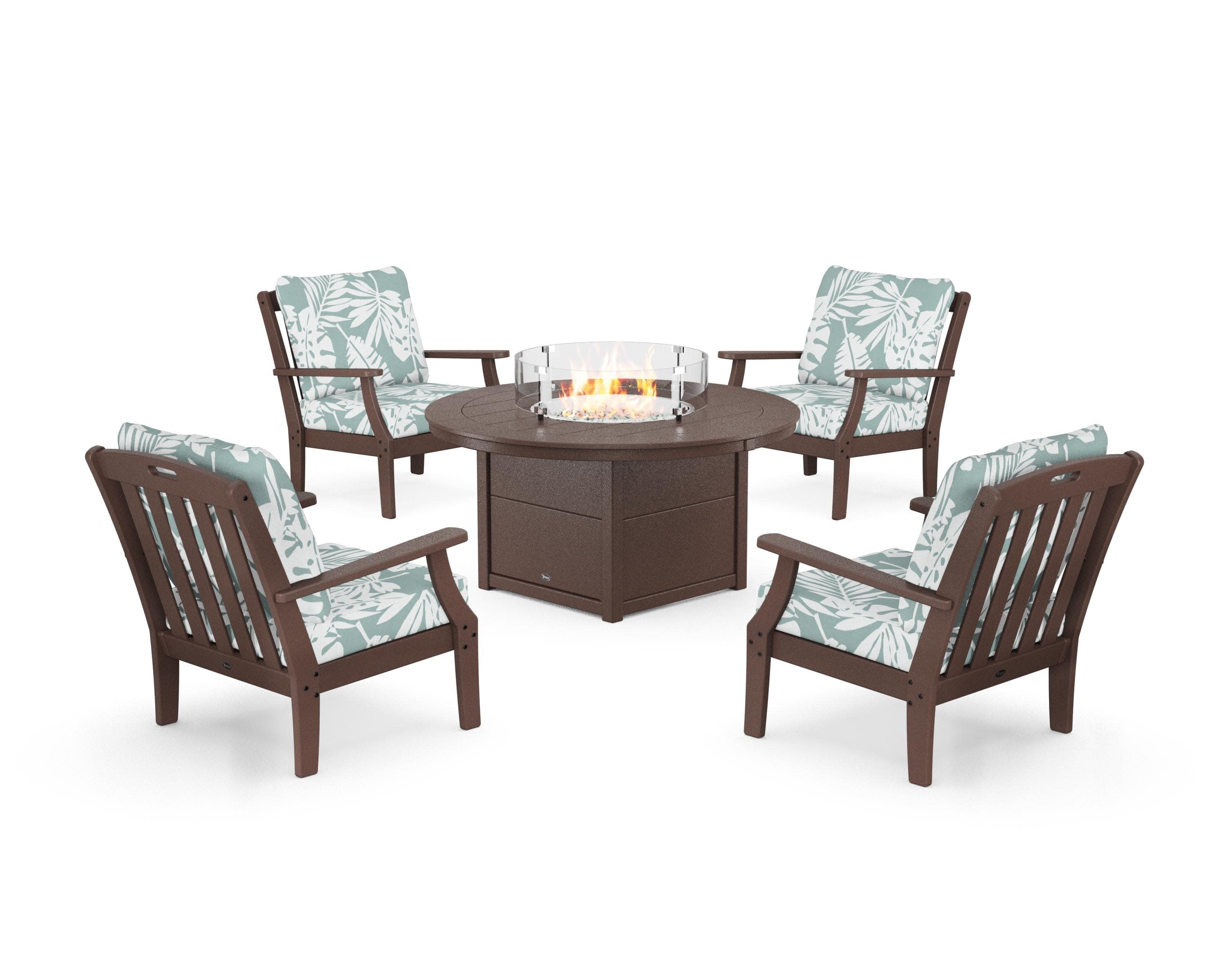 Yacht Club 5-Piece Deep Seating Set with Round Fire Pit Table in Vintage Lantern / Leaf Glacier Spa