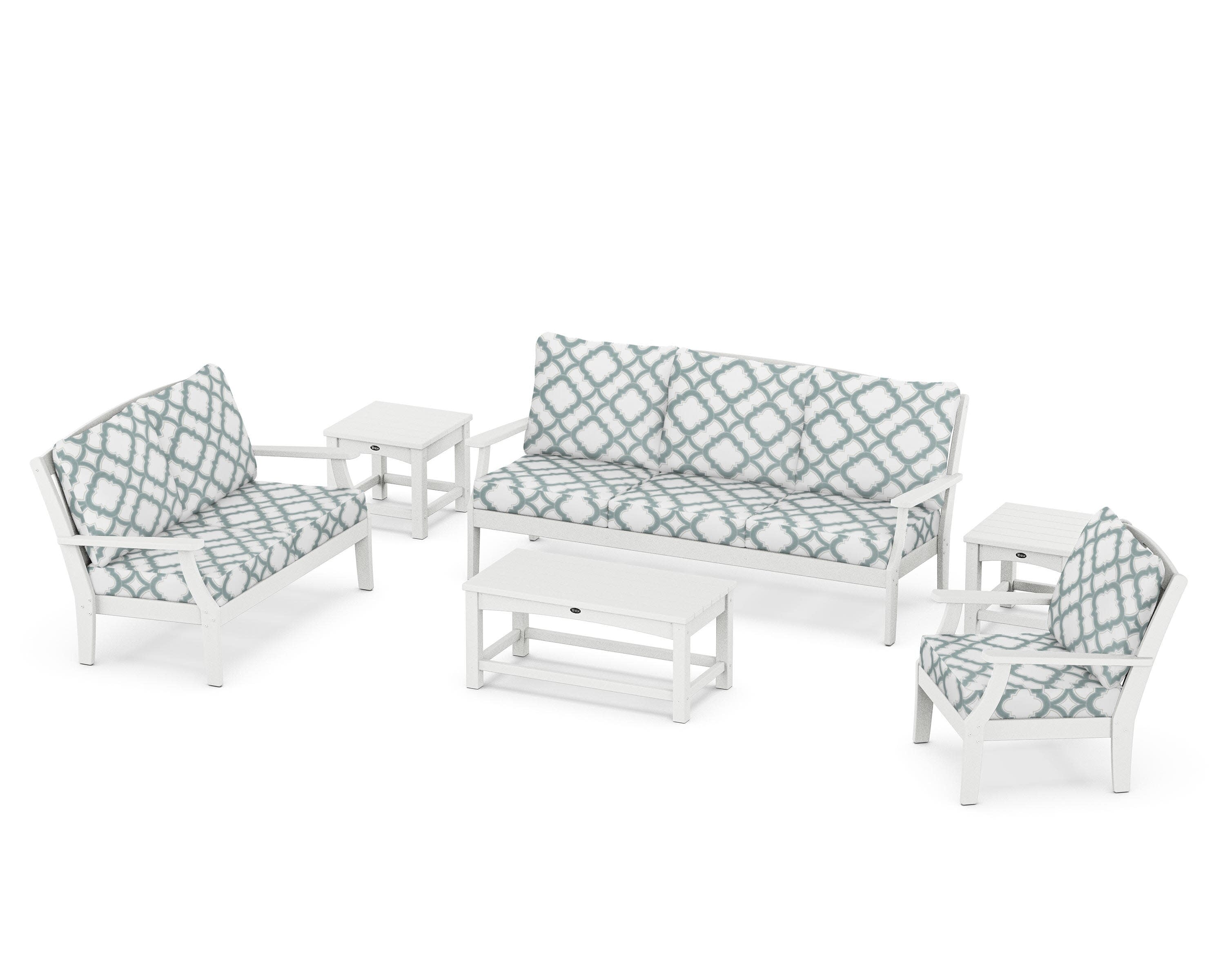 Yacht Club 6-Piece Deep Seating Set in Classic White / Trellis Glacier Spa