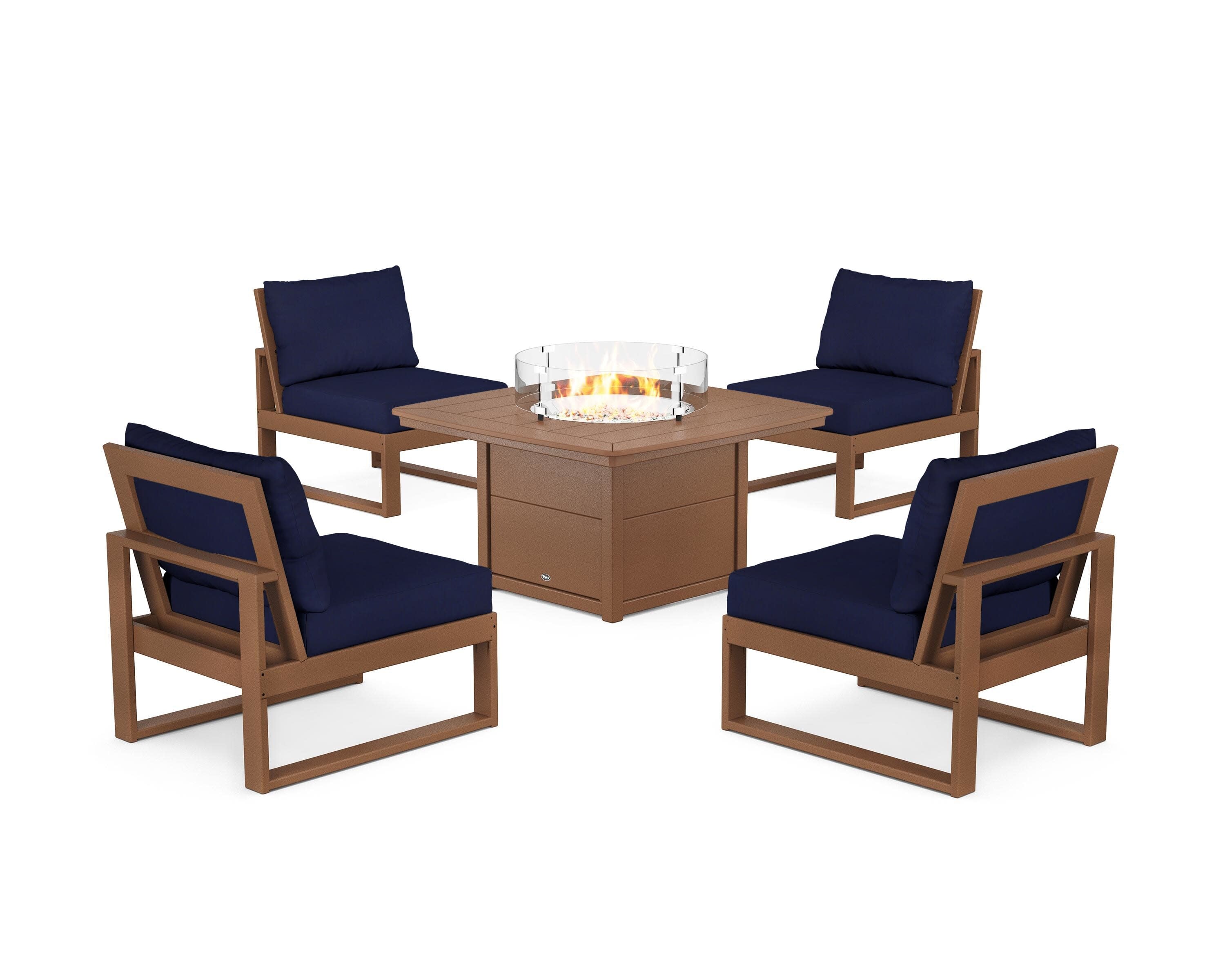 Eastport Modular 5-Piece Deep Seating Set with Yacht Club Fire Pit Table in Tree House / Navy