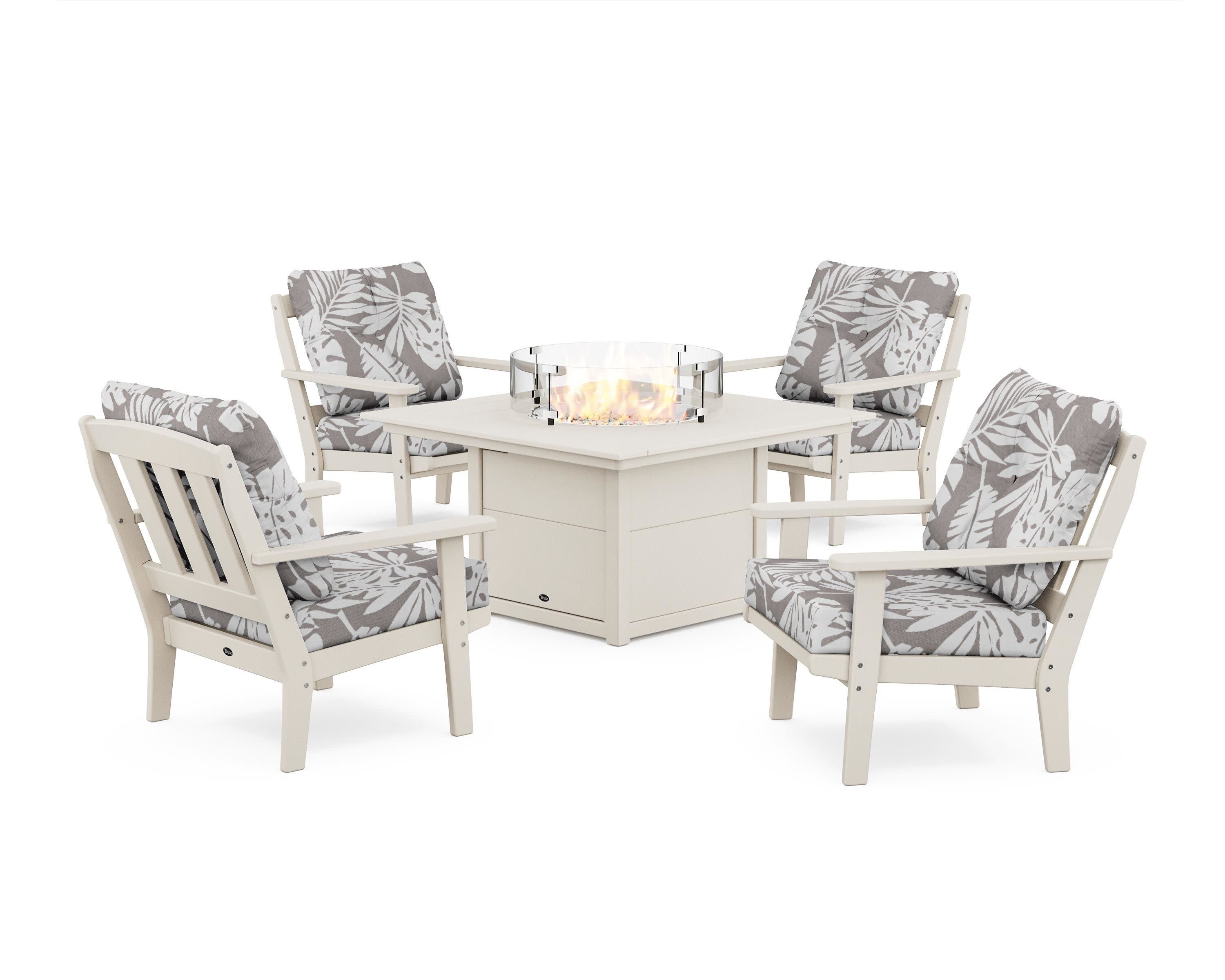 Cape Cod 5-Piece Deep Seating Set with Fire Pit Table in Sand Castle / Leaf Grey Mist