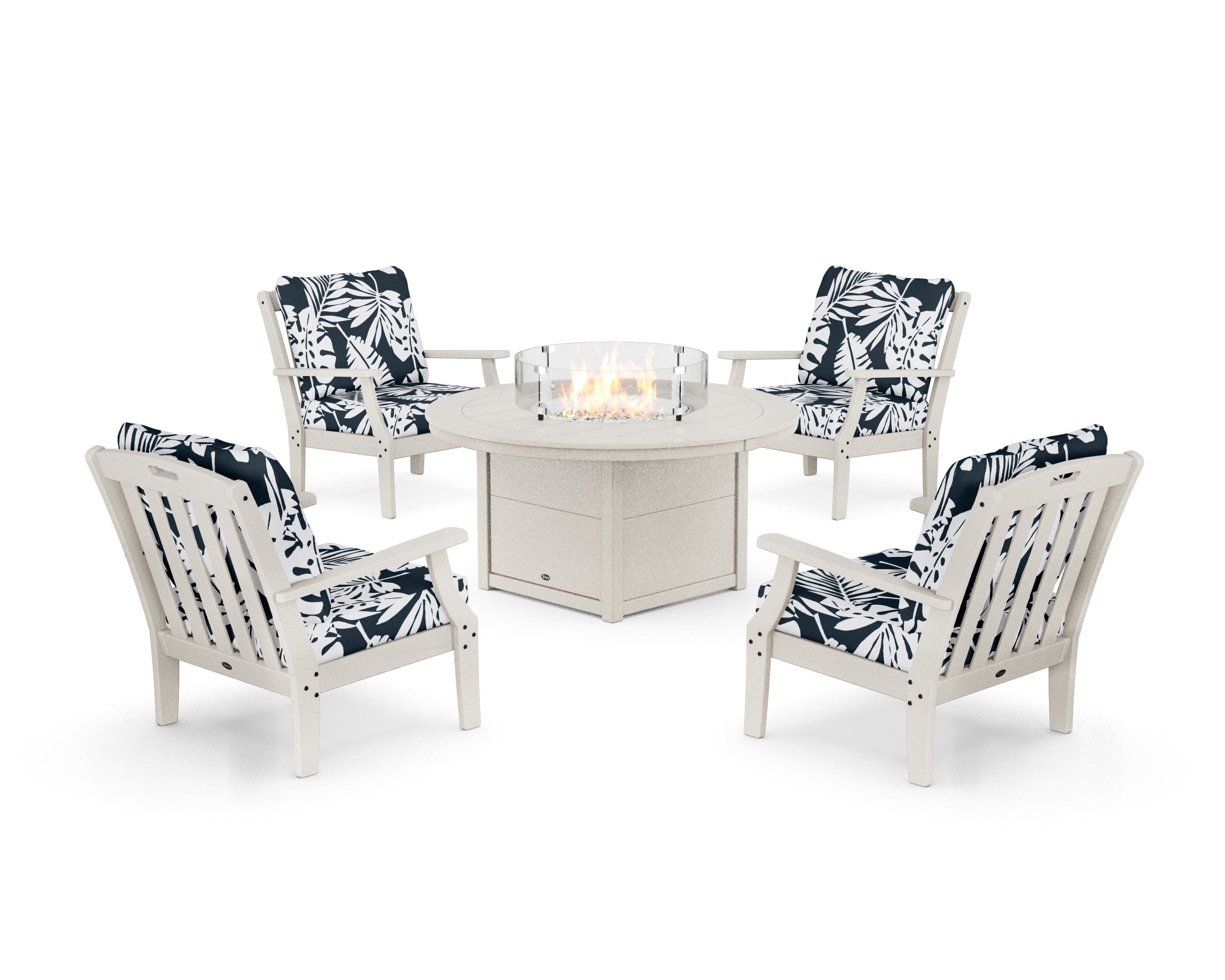Yacht Club 5-Piece Deep Seating Set with Round Fire Pit Table in Sand Castle / Leaf Marine Indigo