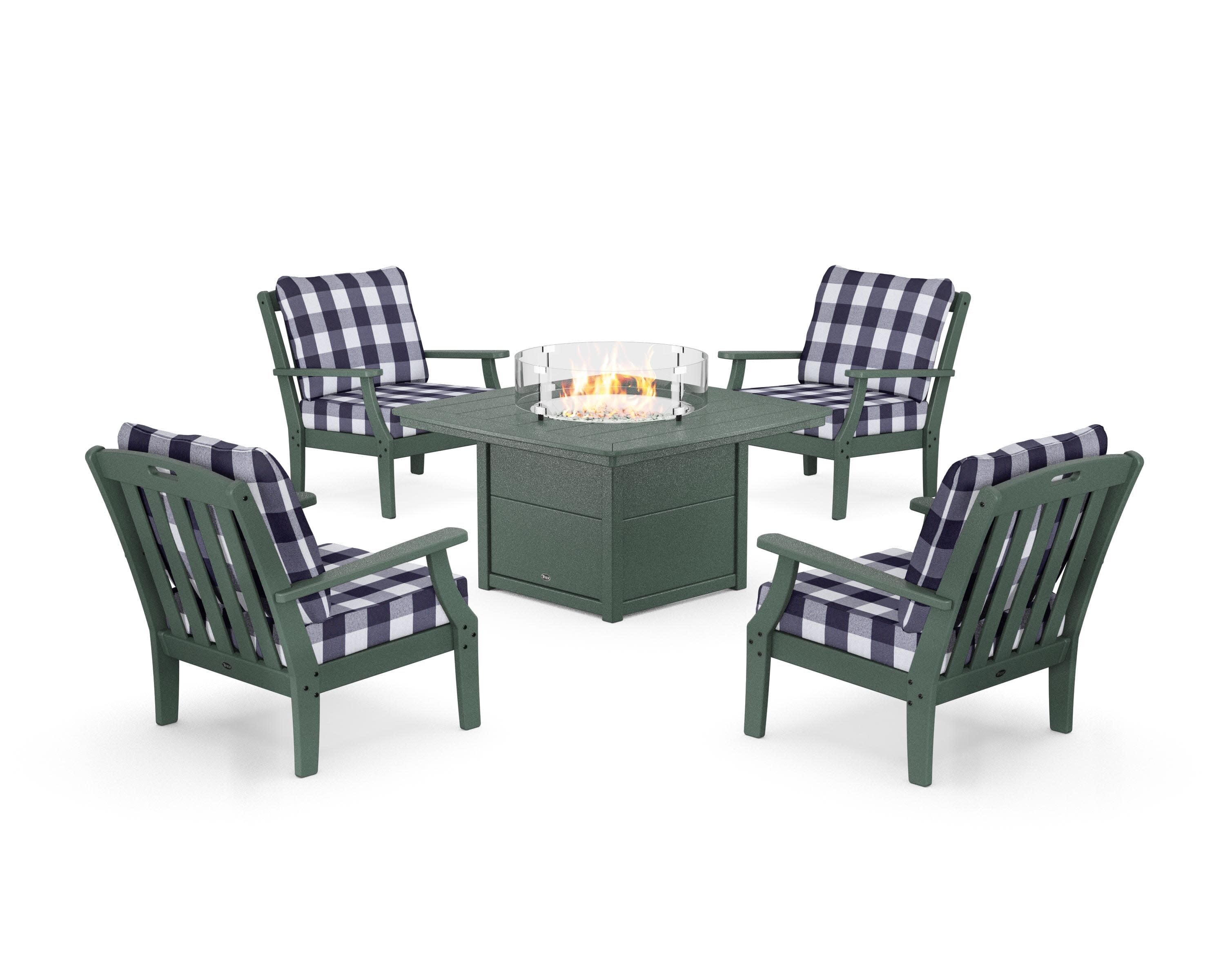 Yacht Club 5-Piece Deep Seating Set with Fire Pit Table in Rainforest Canopy / Buffalo Plaid Navy