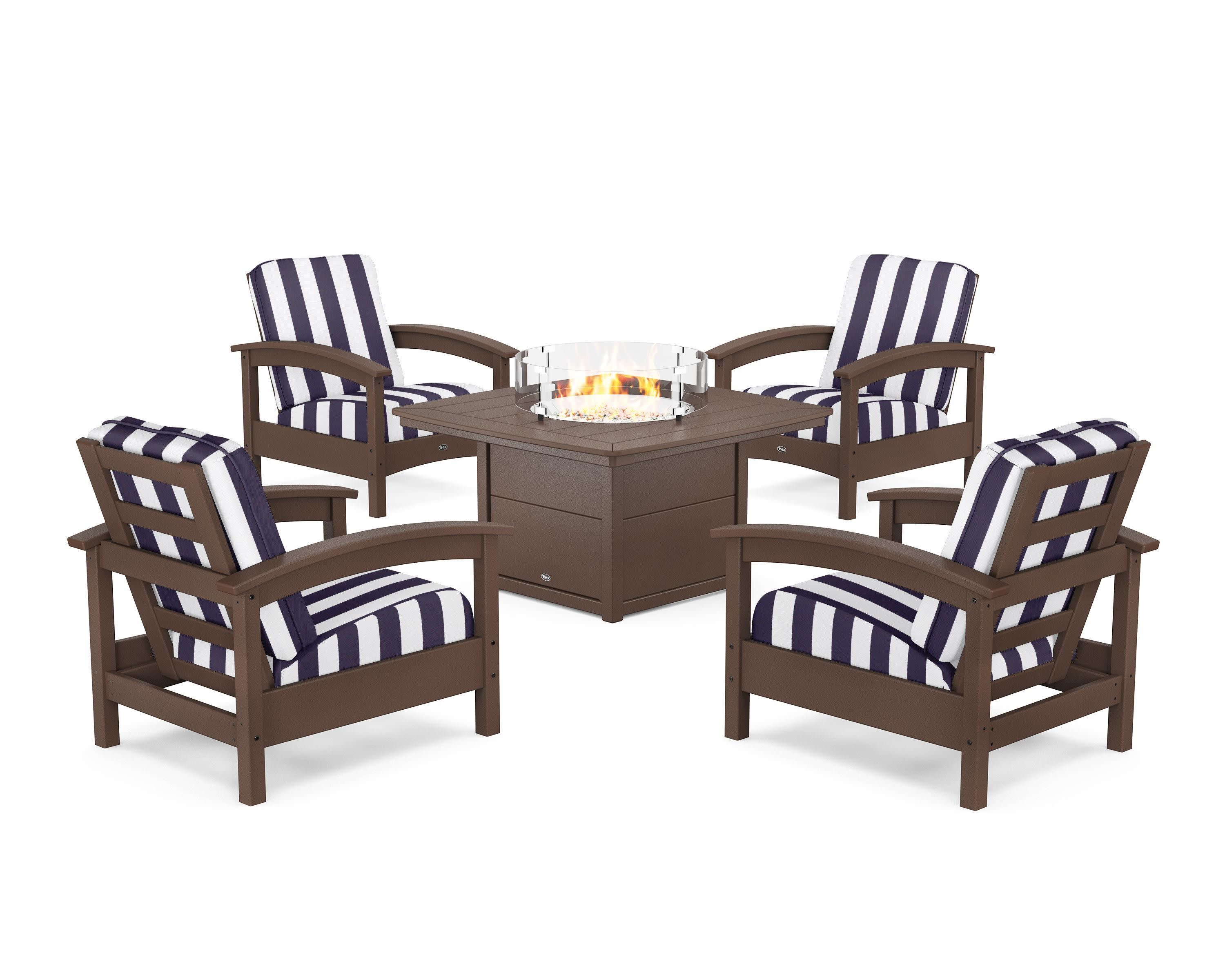 Rockport 5-Piece Deep Seating Set with Yacht Club Fire Pit Table in Vintage Lantern / Cabana Stripe Navy