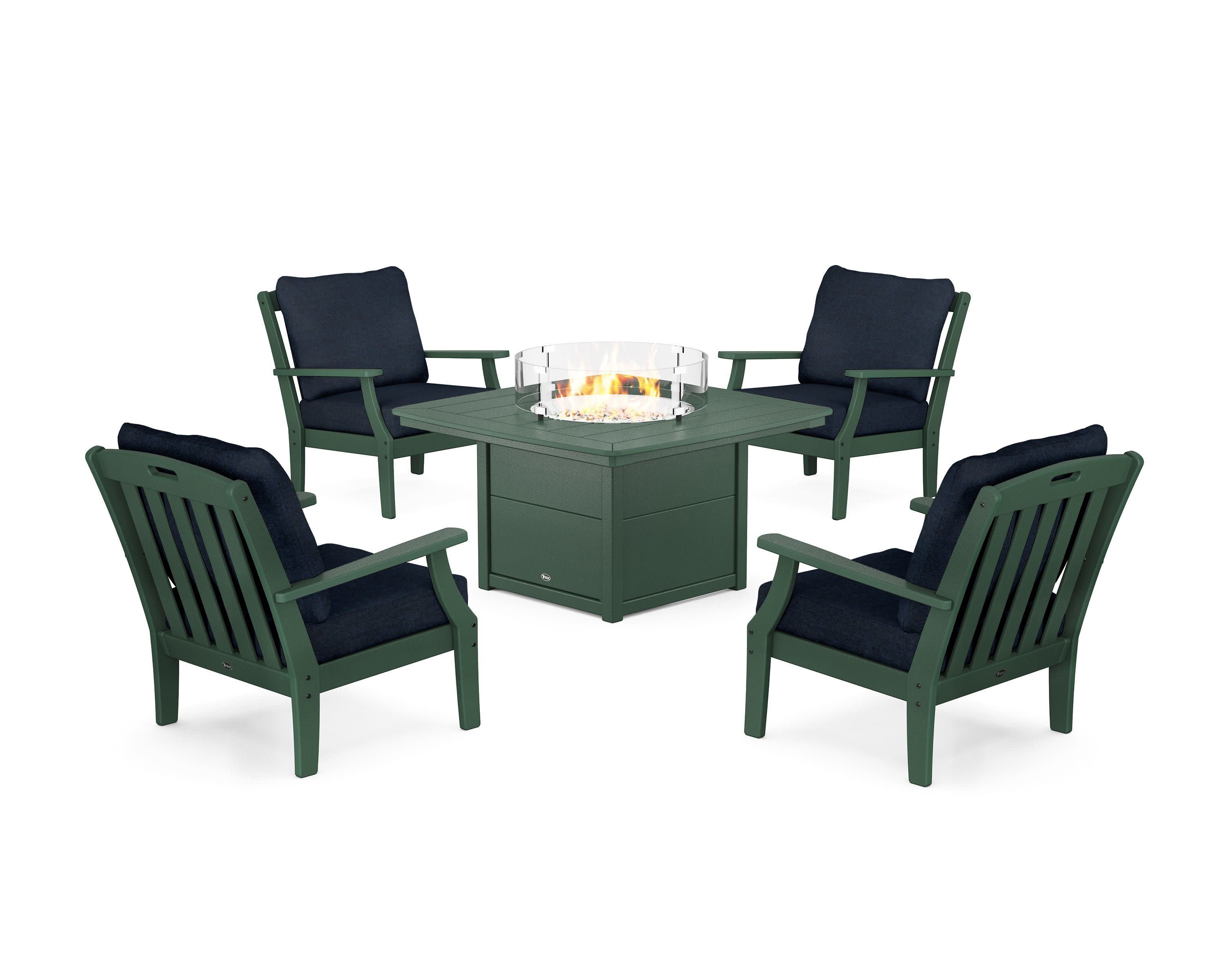 Yacht Club 5-Piece Deep Seating Set with Fire Pit Table in Rainforest Canopy / Marine Indigo