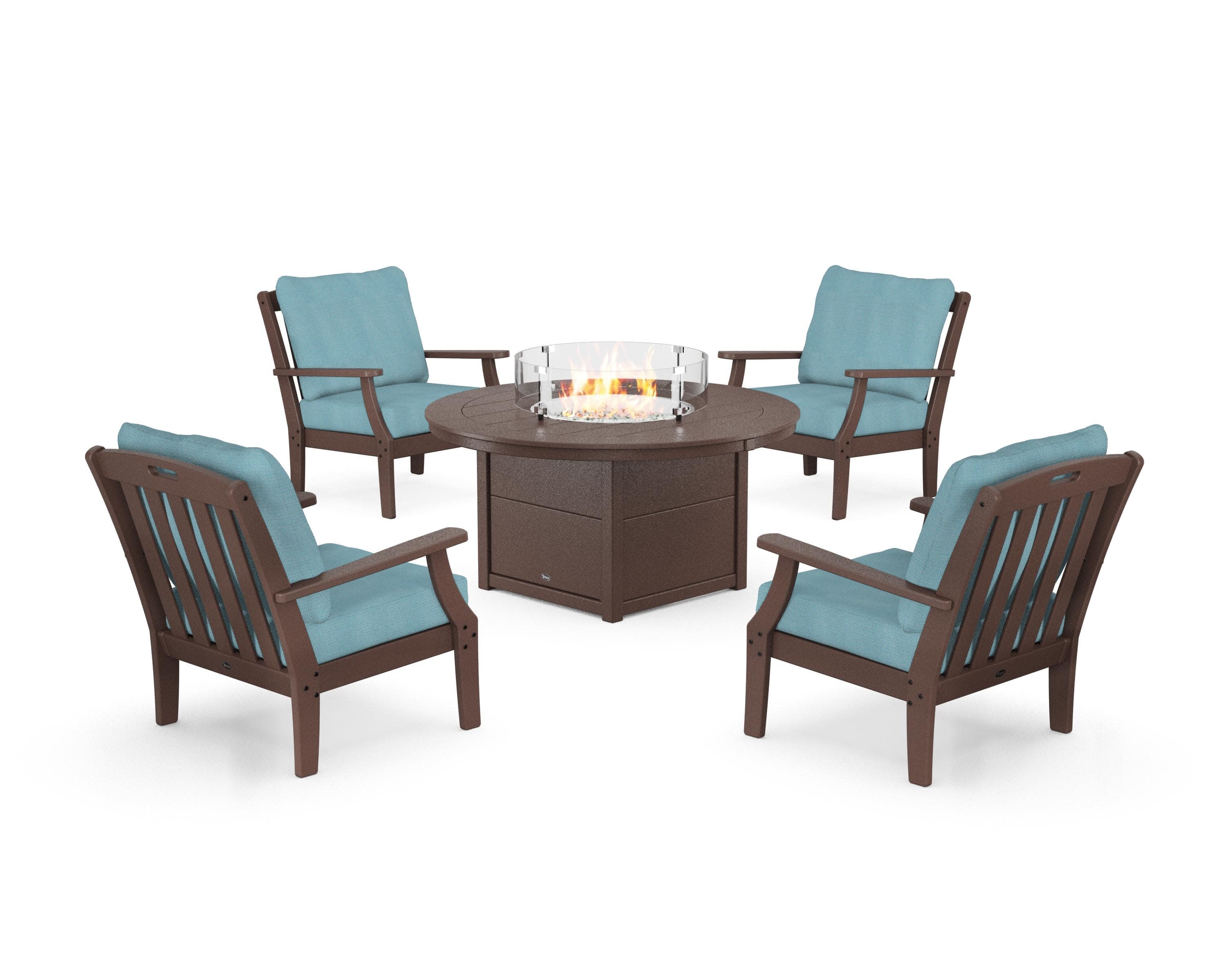 Yacht Club 5-Piece Deep Seating Set with Round Fire Pit Table in Vintage Lantern / Lattice Sky Blue