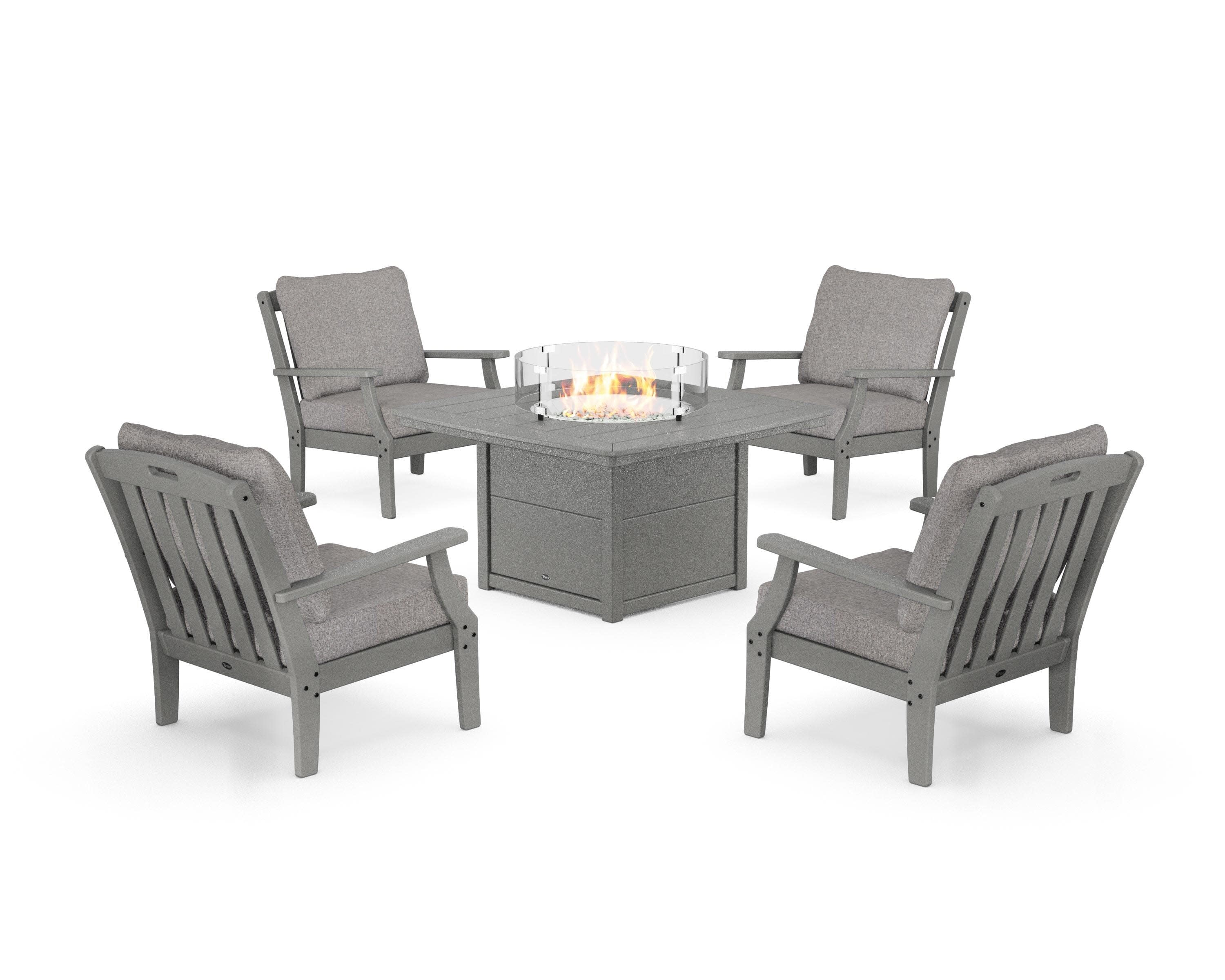 Yacht Club 5-Piece Deep Seating Set with Fire Pit Table in Stepping Stone / Grey Mist