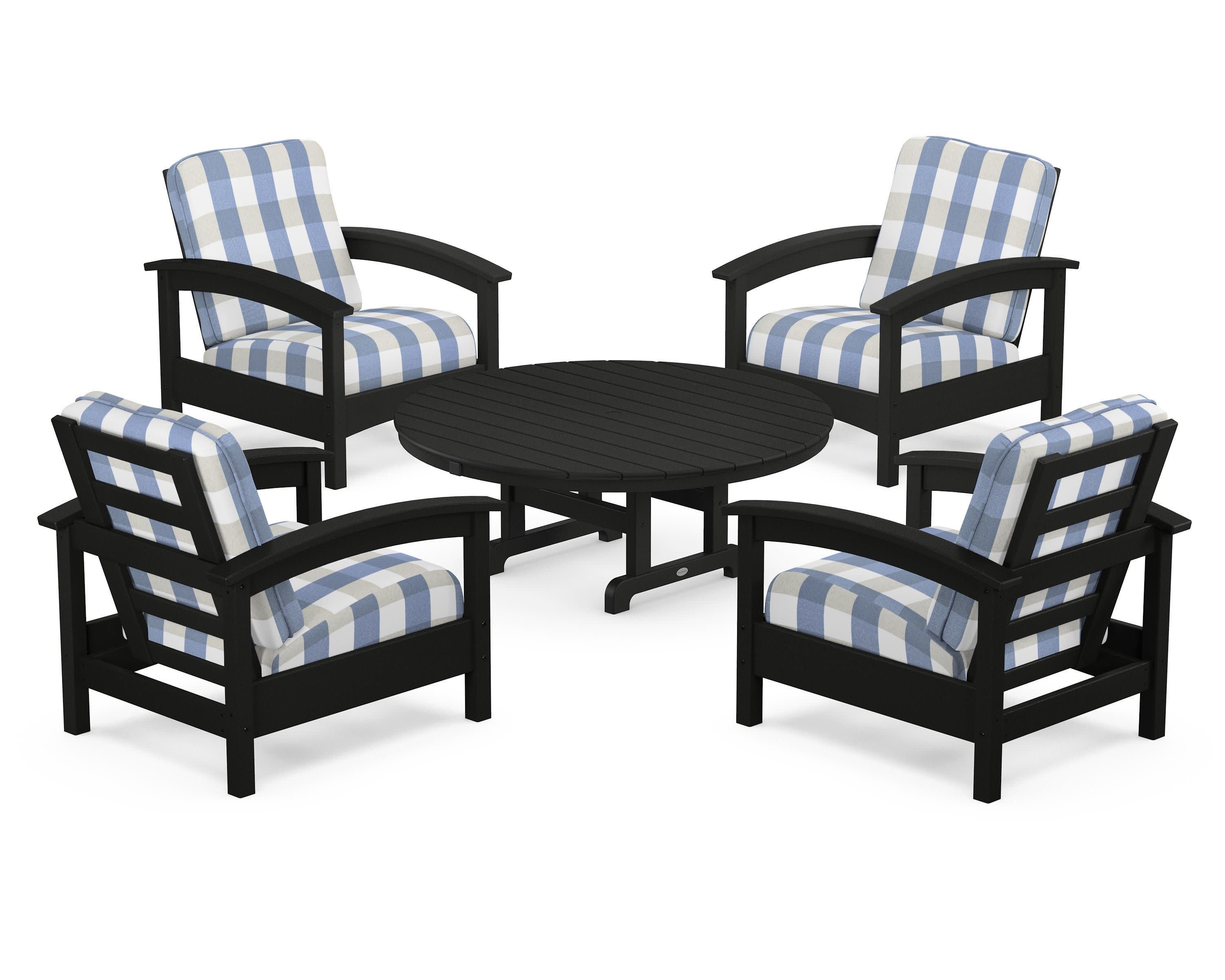 Rockport 5-Piece Deep Seating Set in Charcoal Black / Buffalo Plaid Sky Blue