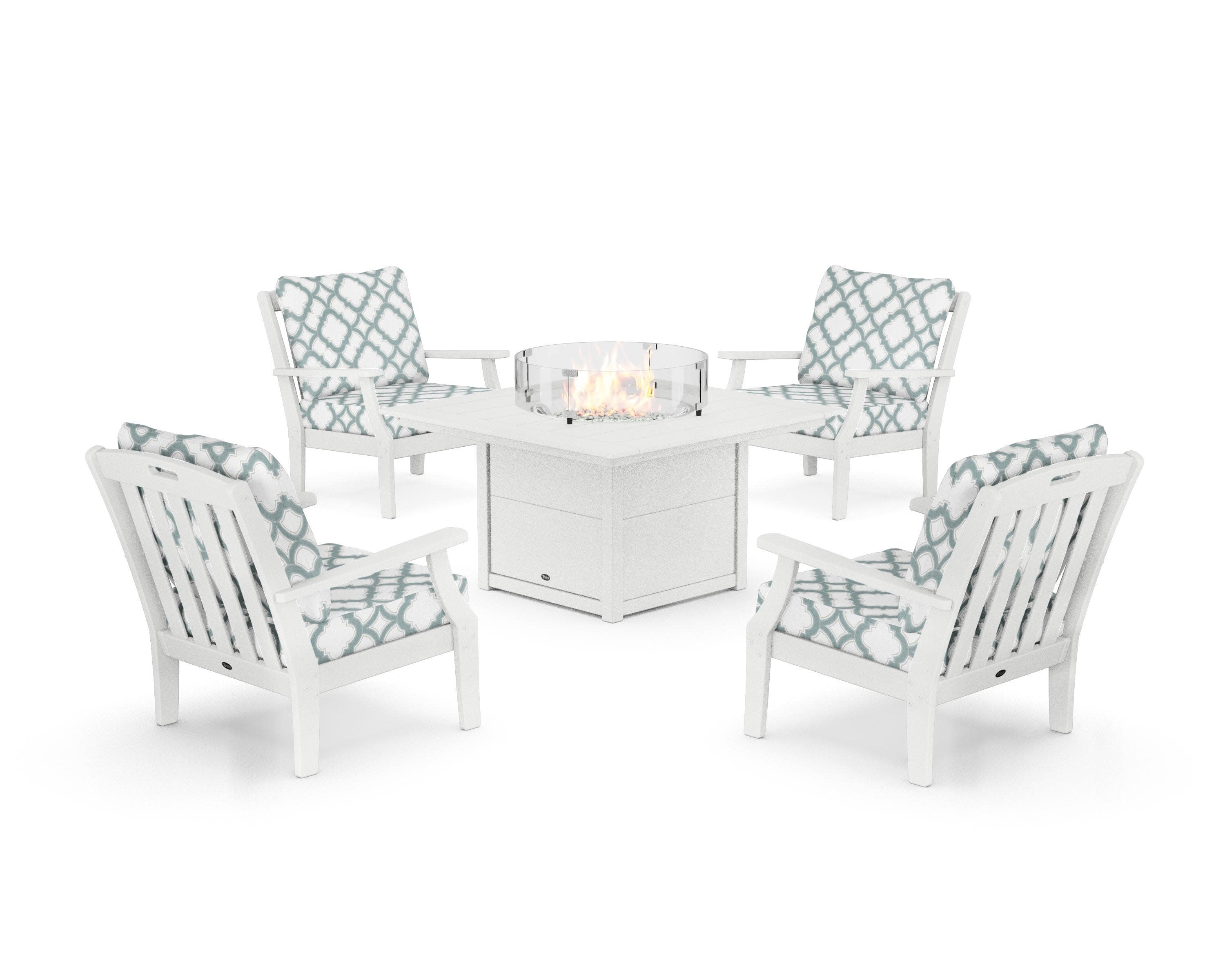 Yacht Club 5-Piece Deep Seating Set with Square Fire Pit Table in Classic White / Trellis Glacier Spa
