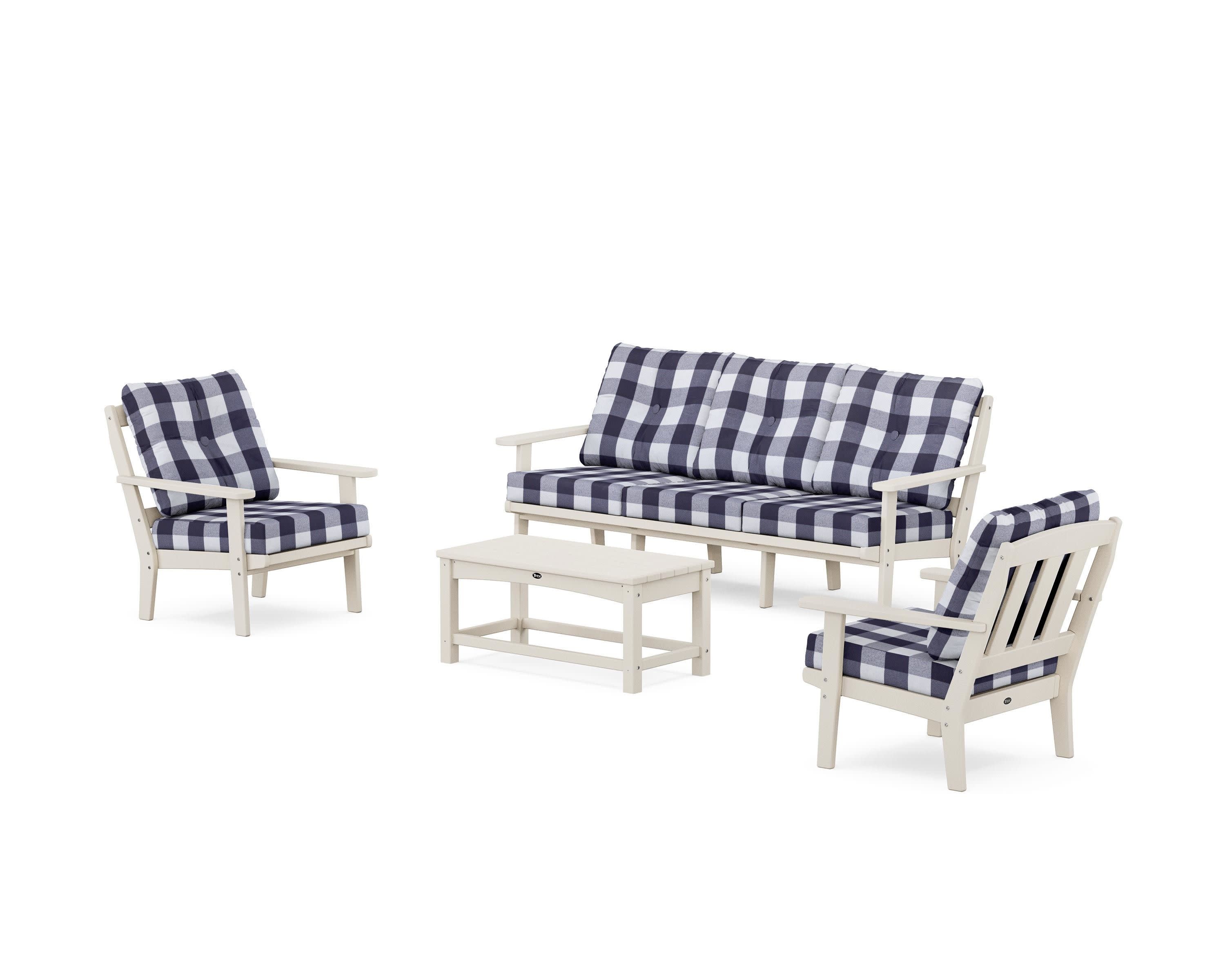 Cape Cod 4-Piece Deep Seating Set with Sofa in Sand Castle / Buffalo Plaid Navy