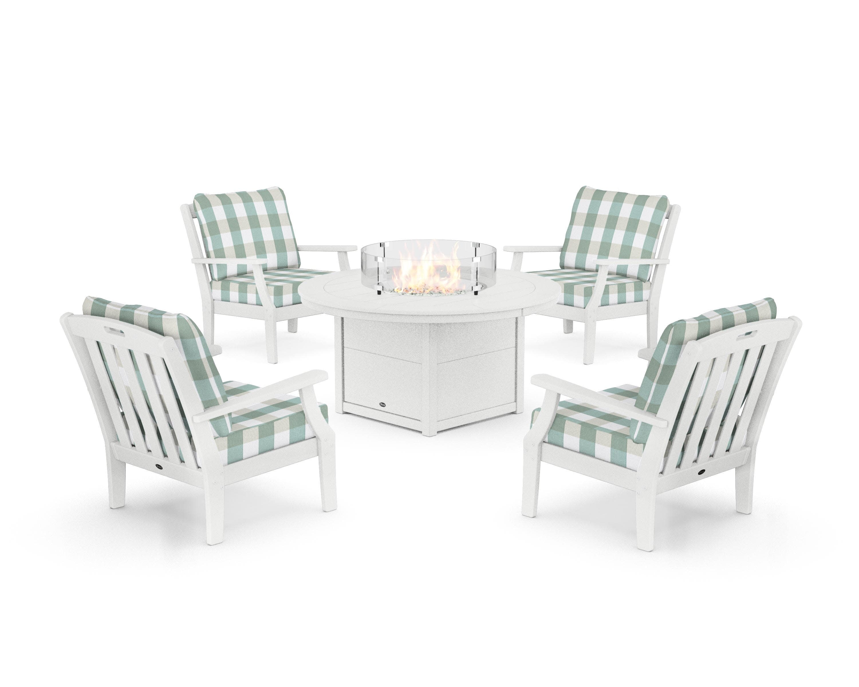 Yacht Club 5-Piece Deep Seating Set with Round Fire Pit Table in Classic White / Buffalo Plaid Glacier Spa