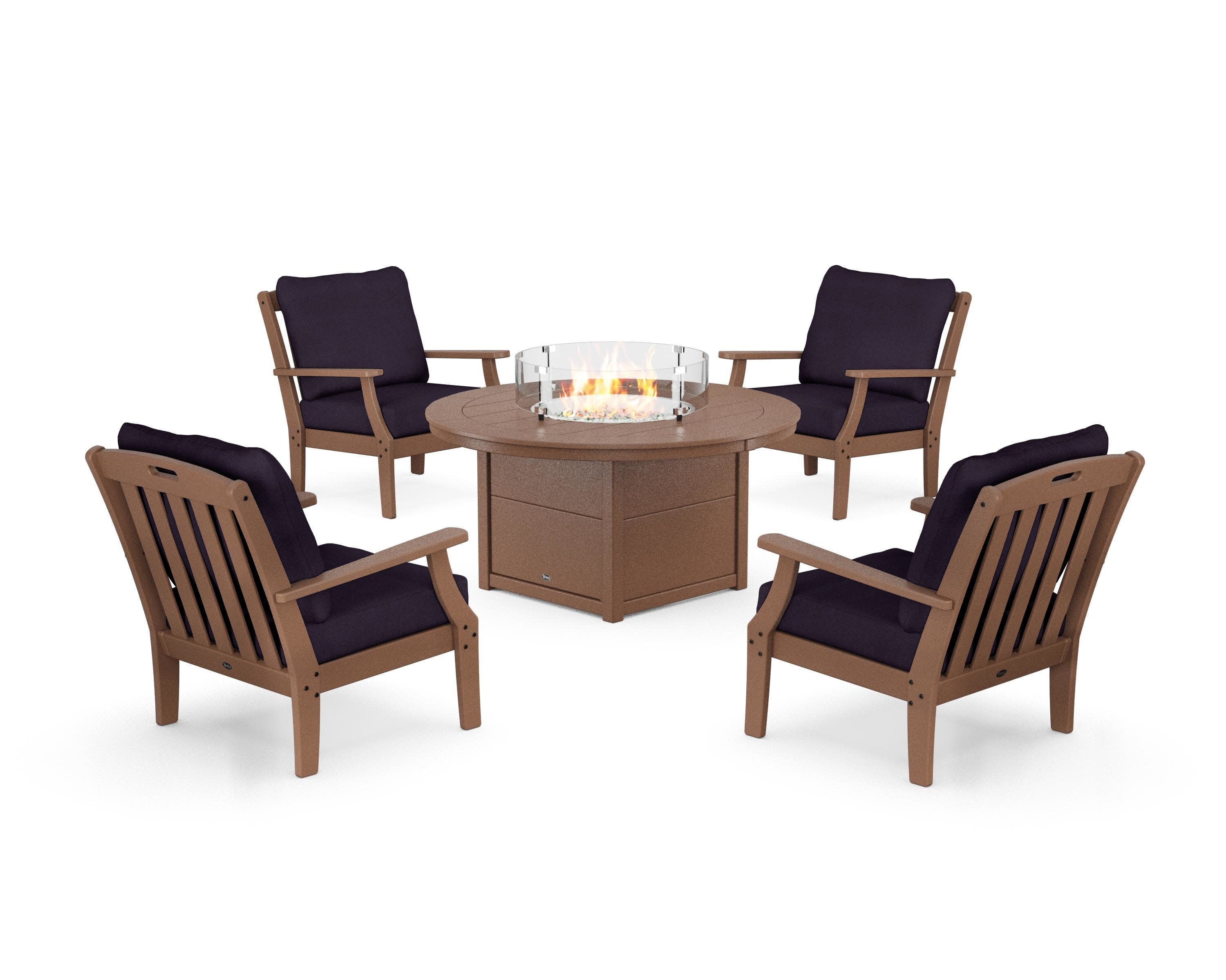 Yacht Club 5-Piece Deep Seating Set with Round Fire Pit Table in Tree House / Navy Linen