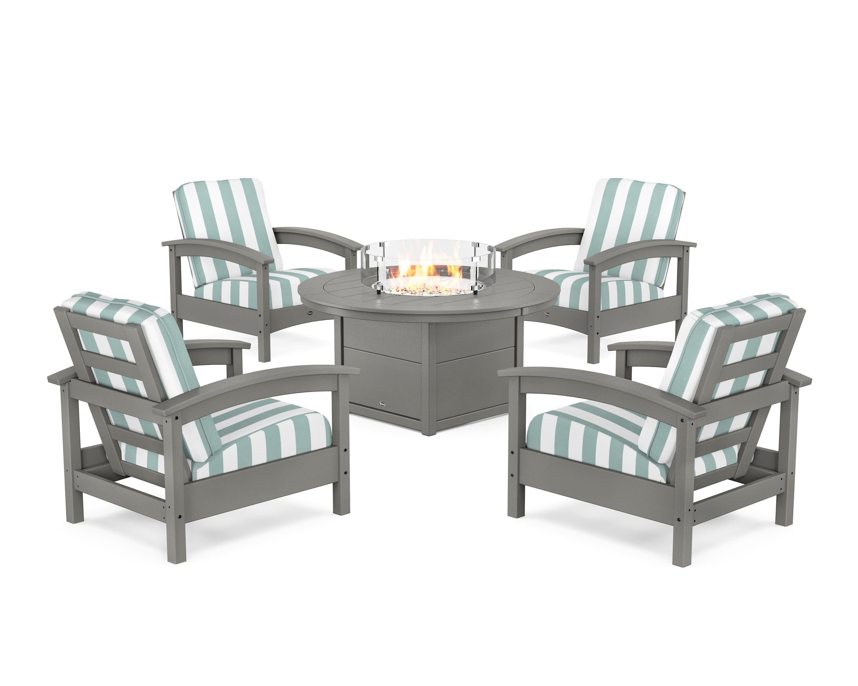 Rockport 5-Piece Deep Seating Set with Round Fire Pit Table in Stepping Stone / Cabana Stripe Glacier Spa
