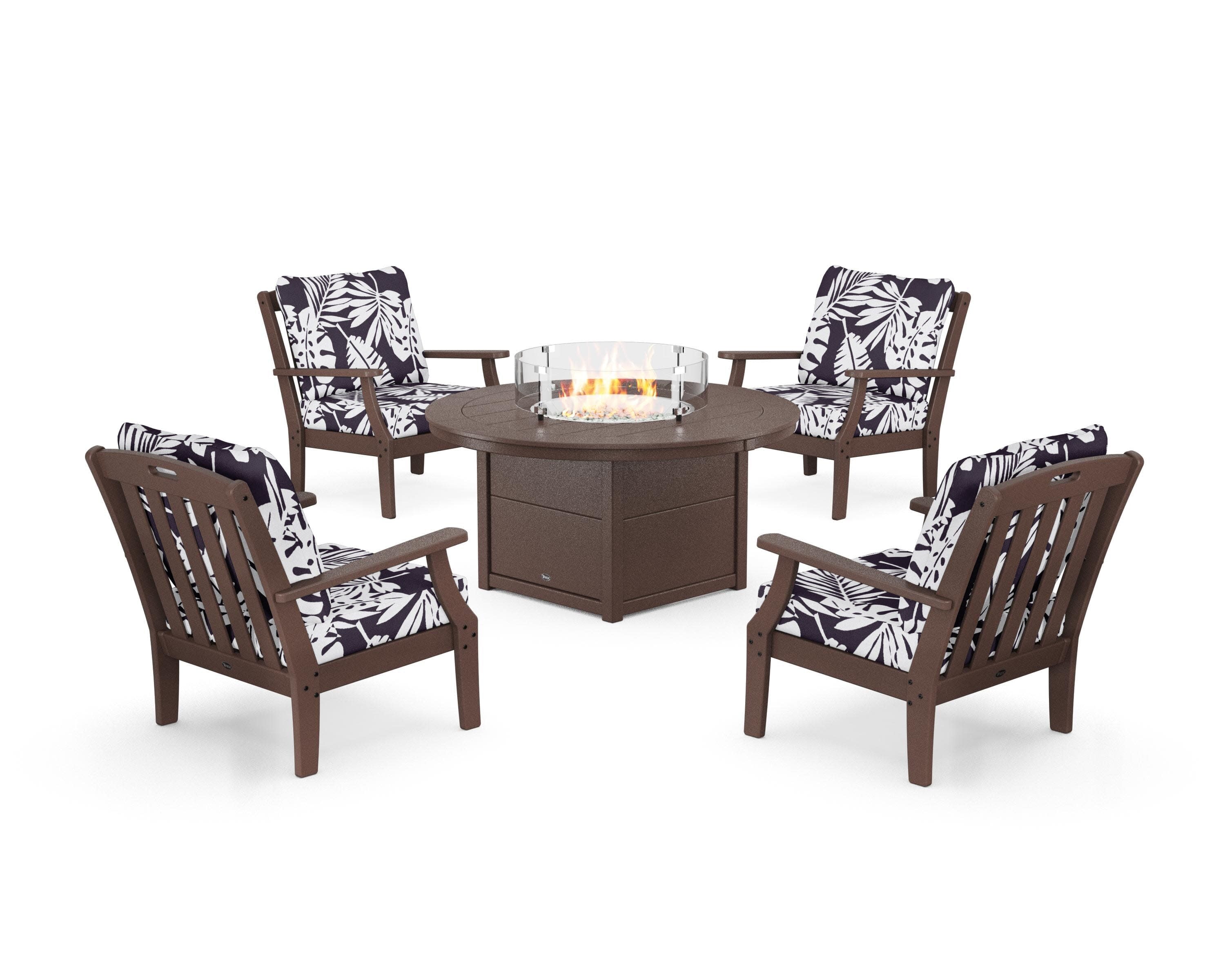 Yacht Club 5-Piece Deep Seating Set with Round Fire Pit Table in Vintage Lantern / Leaf Navy