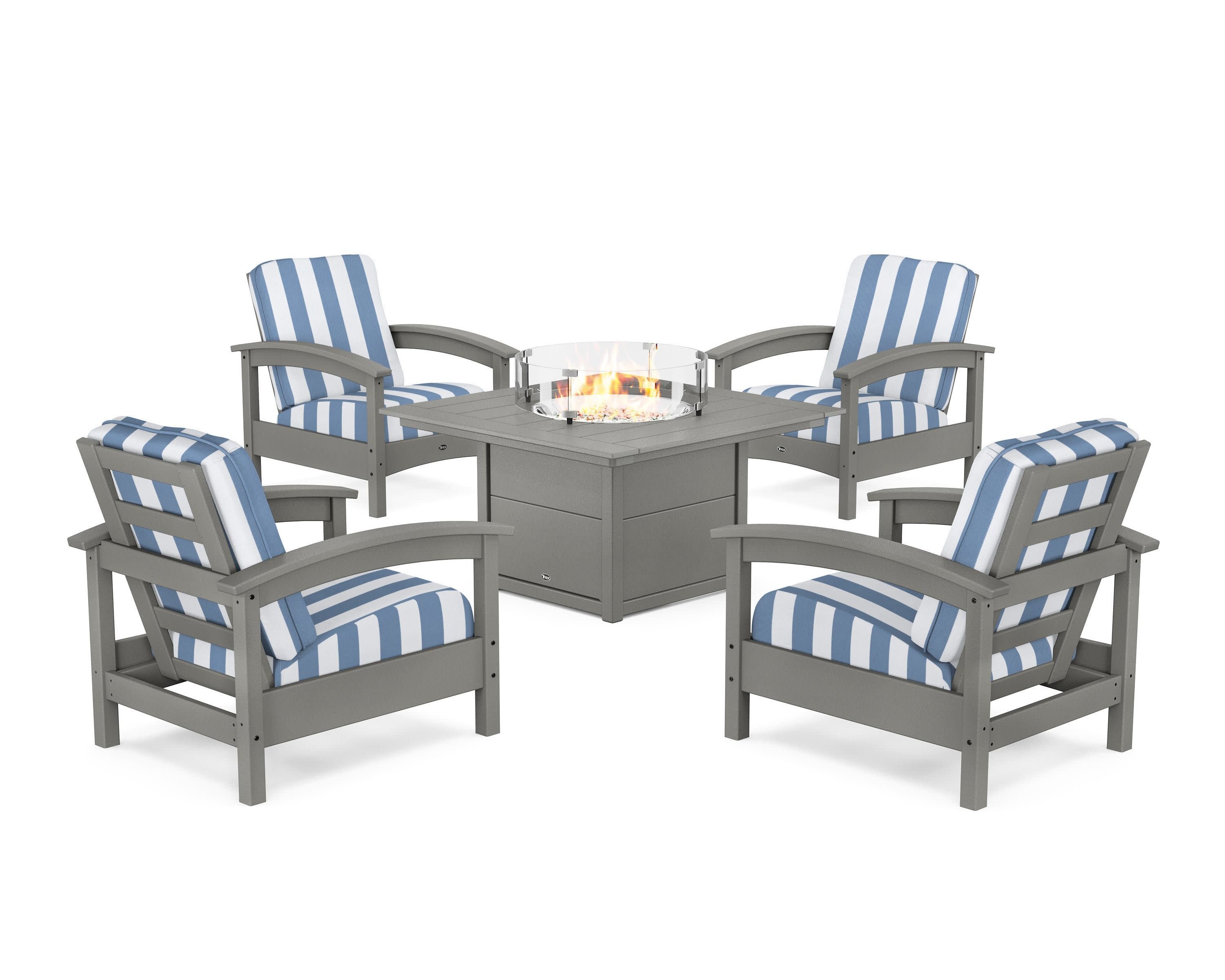 Rockport 5-Piece Deep Seating Set with Square Fire Pit Table in Stepping Stone / Cabana Stripe Sky Blue