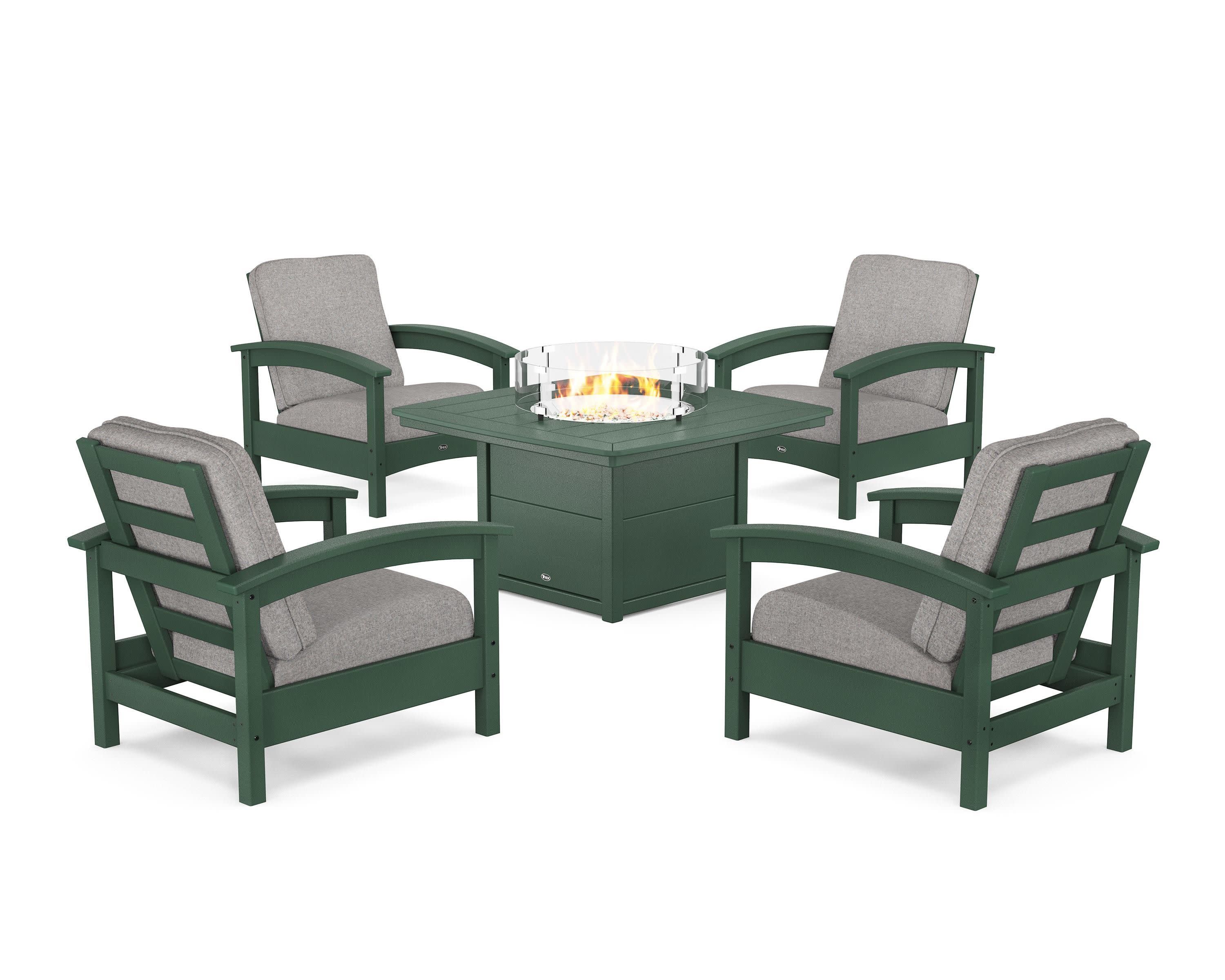 Rockport 5-Piece Deep Seating Set with Yacht Club Fire Pit Table in Rainforest Canopy / Grey Mist