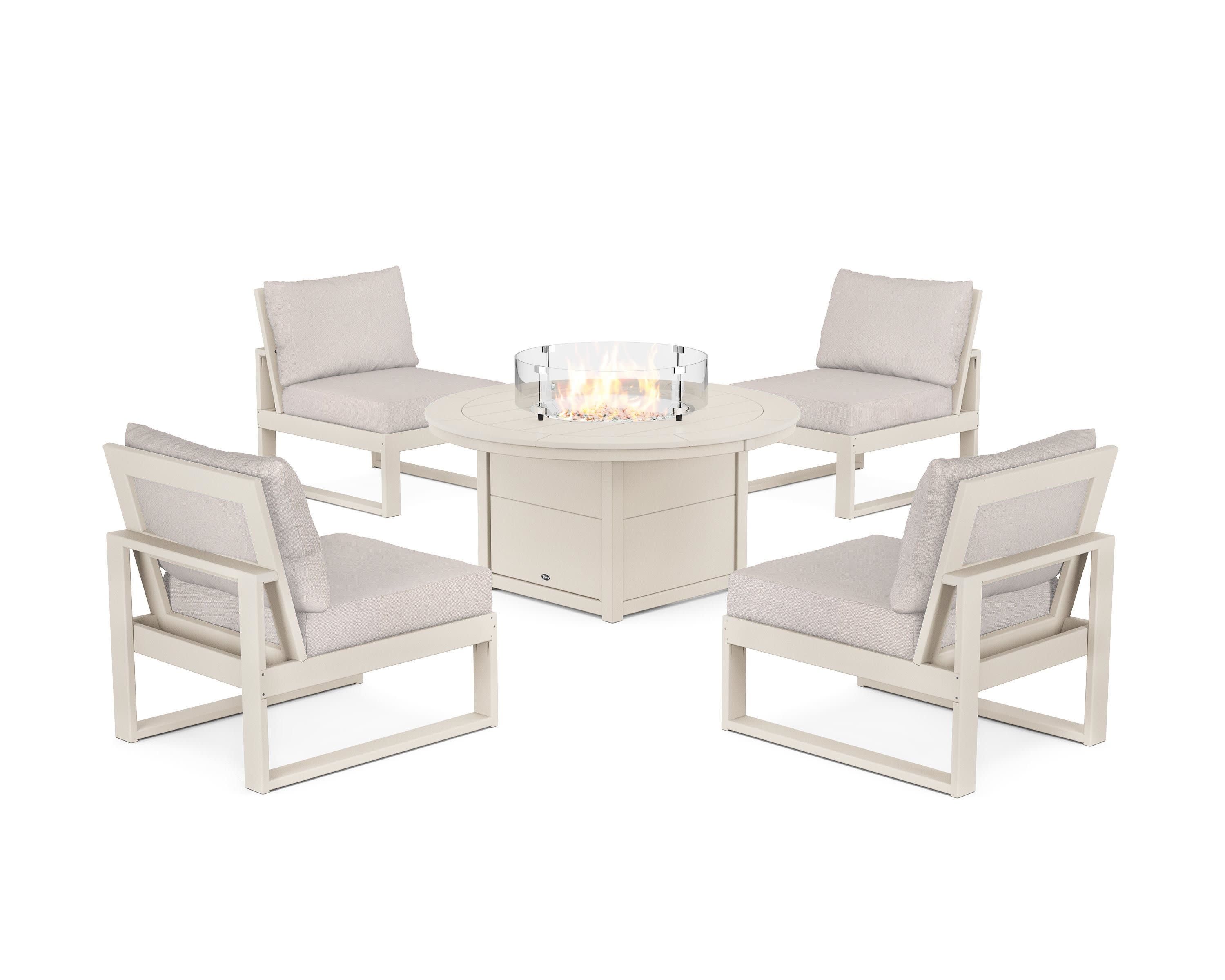 Eastport Modular 5-Piece Deep Seating Set with Round Fire Pit Table in Sand Castle / Dune Burlap