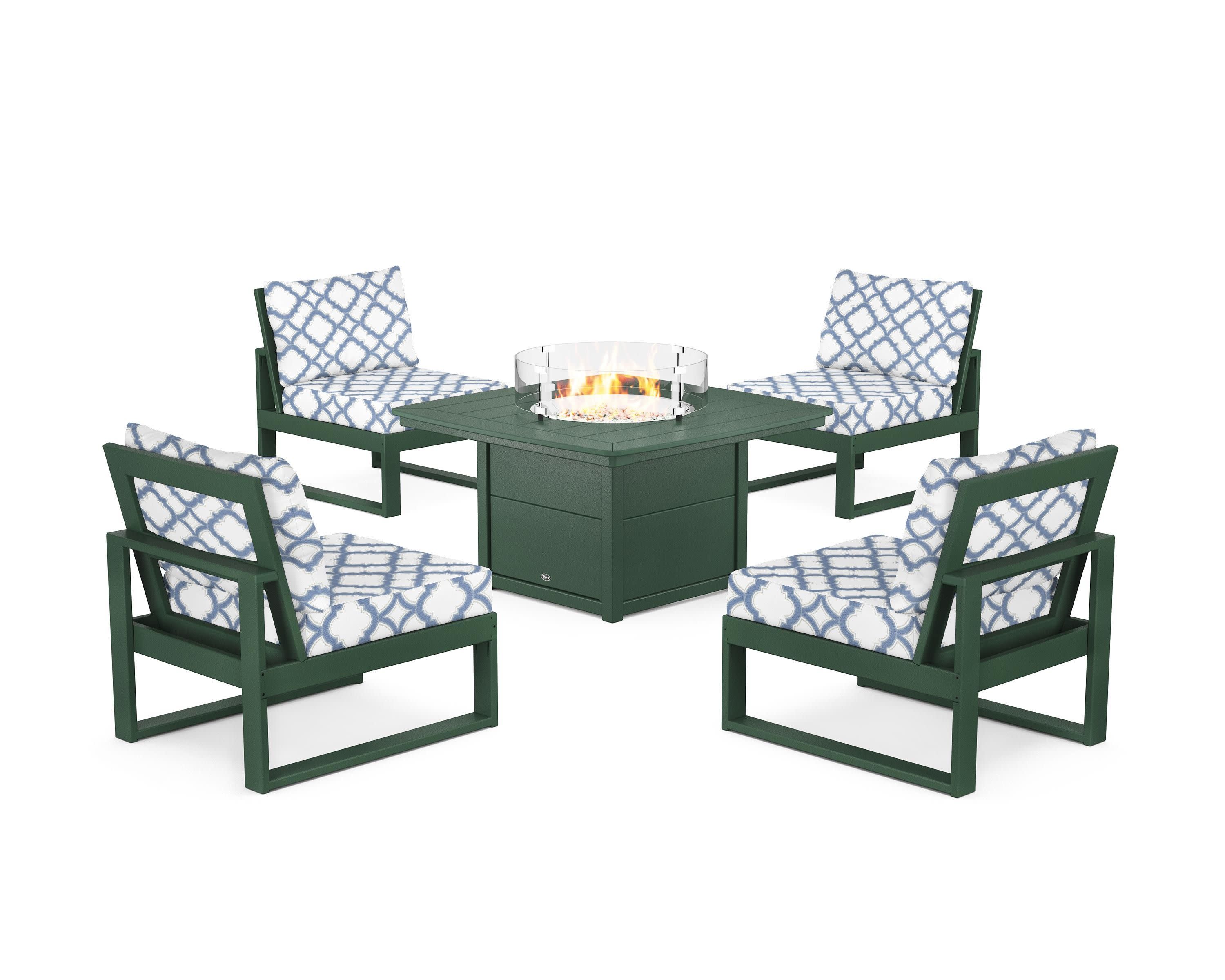 Eastport Modular 5-Piece Deep Seating Set with Yacht Club Fire Pit Table in Rainforest Canopy / Trellis Sky Blue