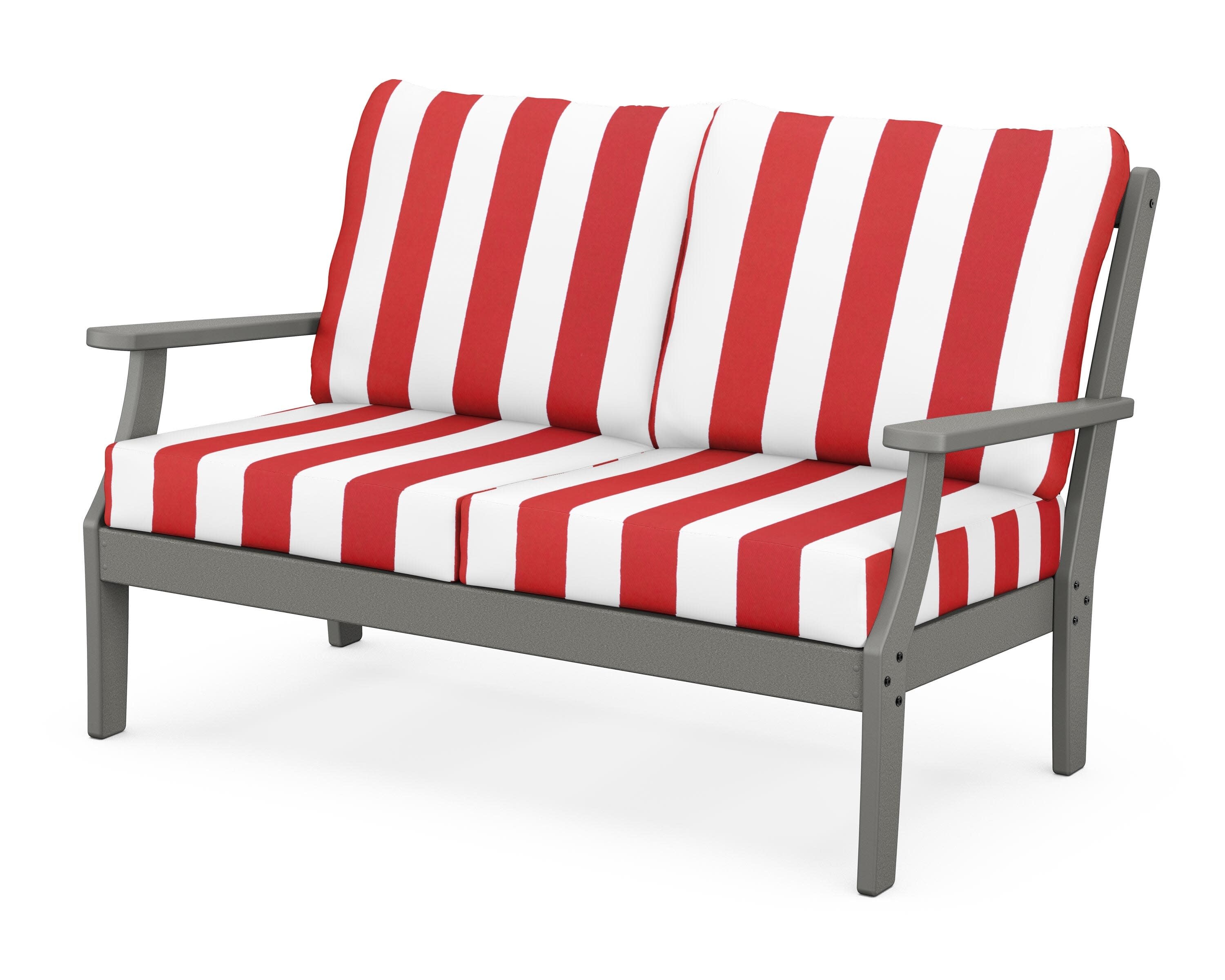 Yacht Club Deep Seating Loveseat in Stepping Stone / Cabana Stripe Crimson