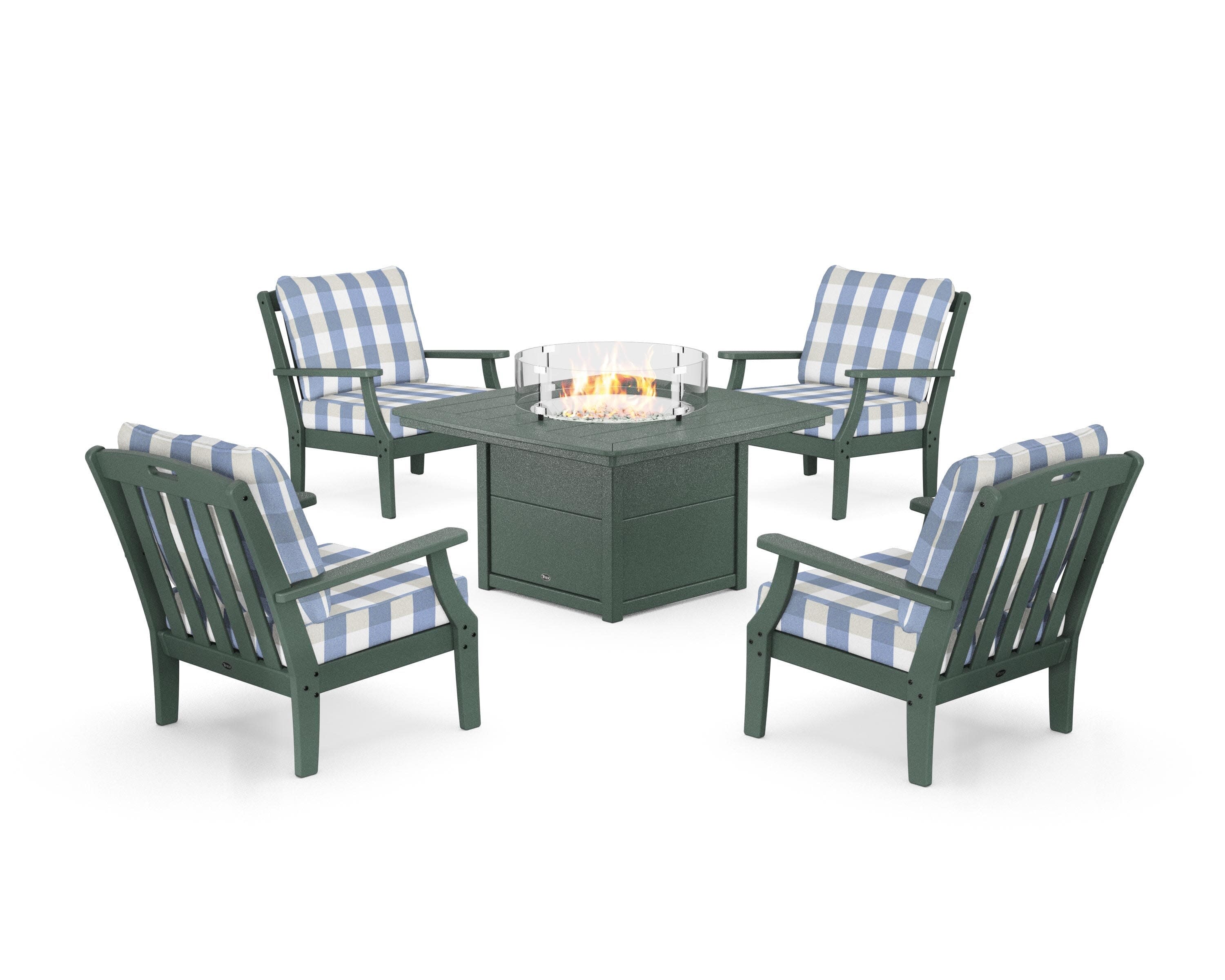 Yacht Club 5-Piece Deep Seating Set with Fire Pit Table in Rainforest Canopy / Buffalo Plaid Sky Blue