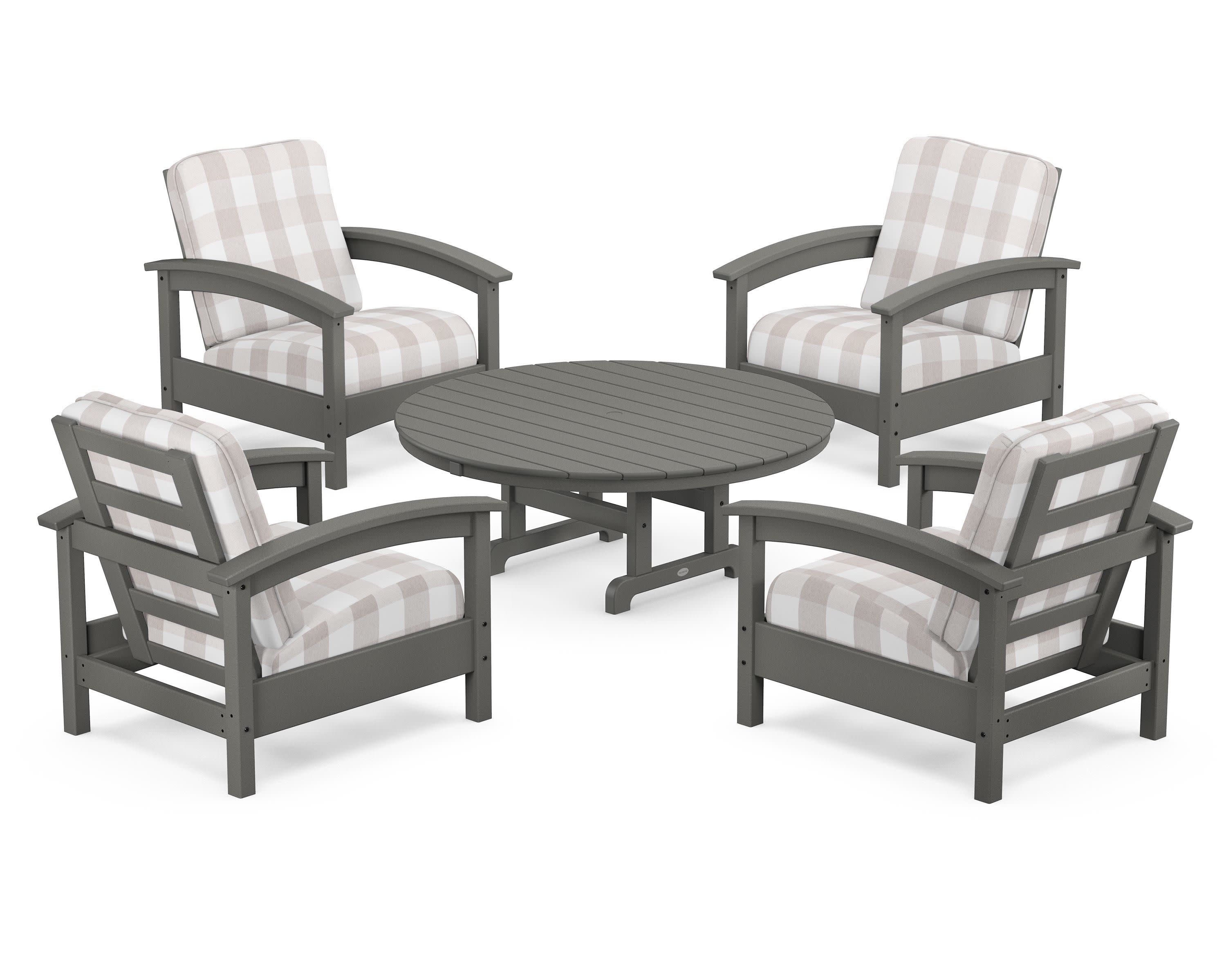 Rockport 5-Piece Deep Seating Set in Stepping Stone / Buffalo Plaid Dune Burlap
