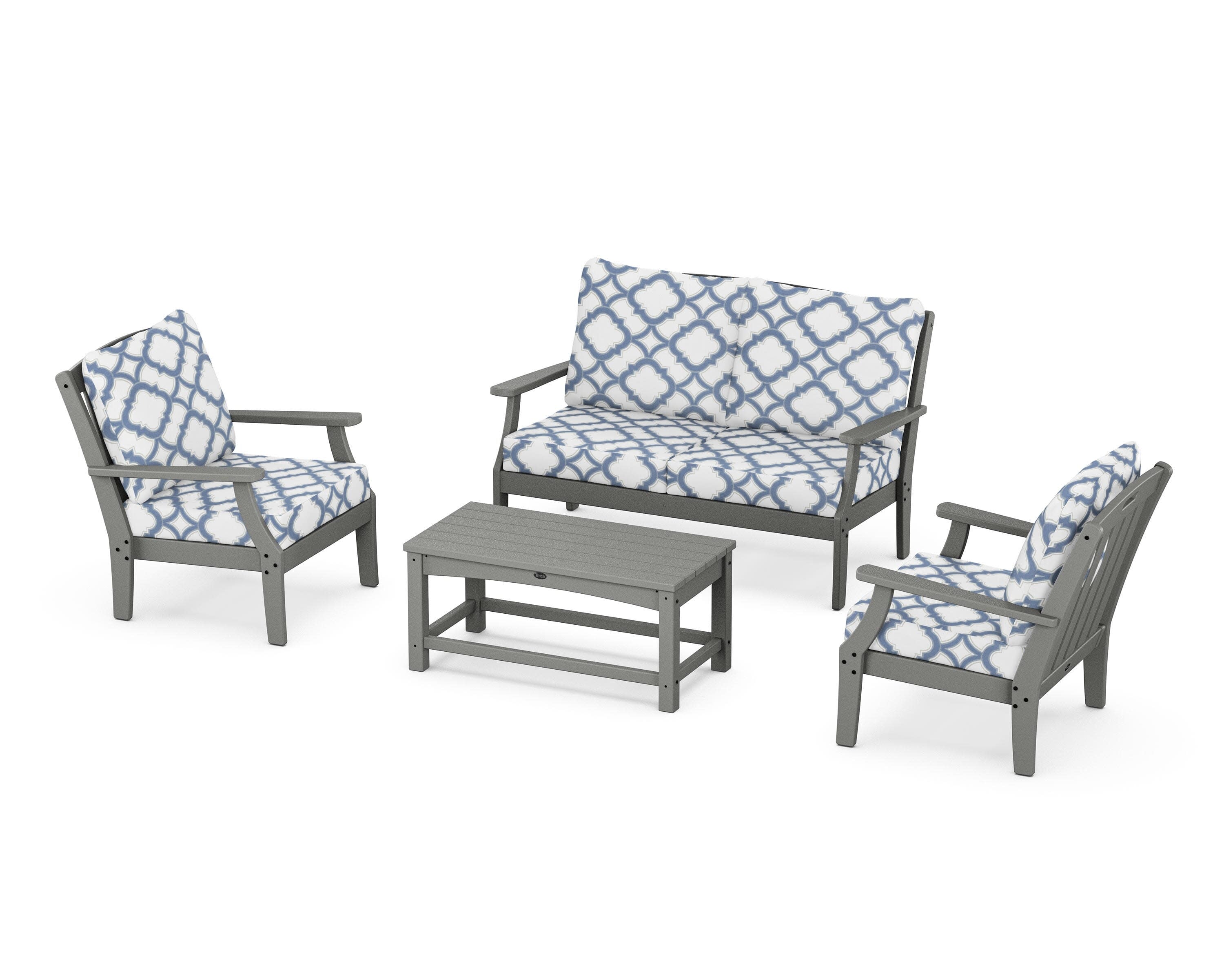 Yacht Club 4-Piece Deep Seating Chair Set in Stepping Stone / Trellis Sky Blue