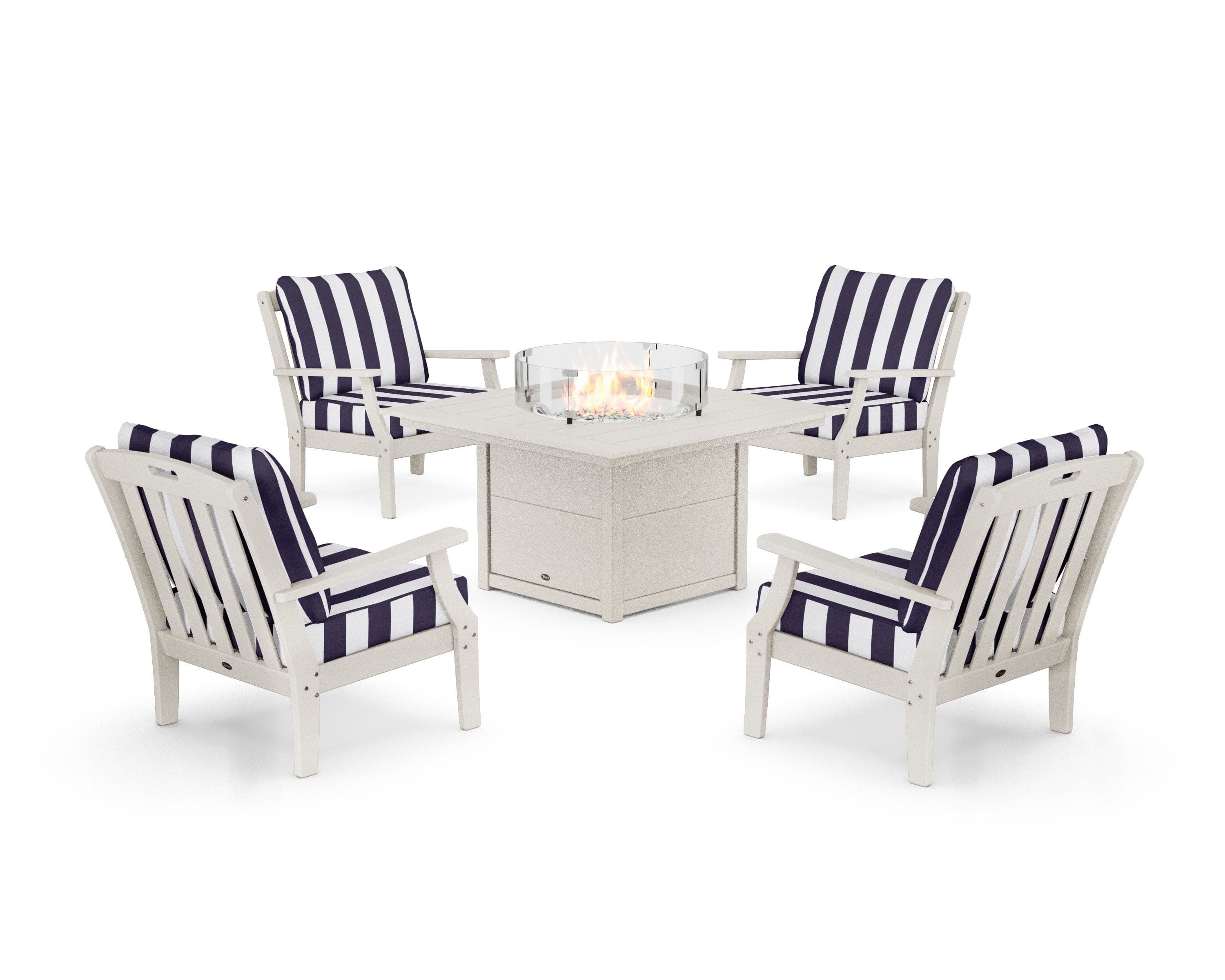 Yacht Club 5-Piece Deep Seating Set with Square Fire Pit Table in Sand Castle / Cabana Stripe Navy