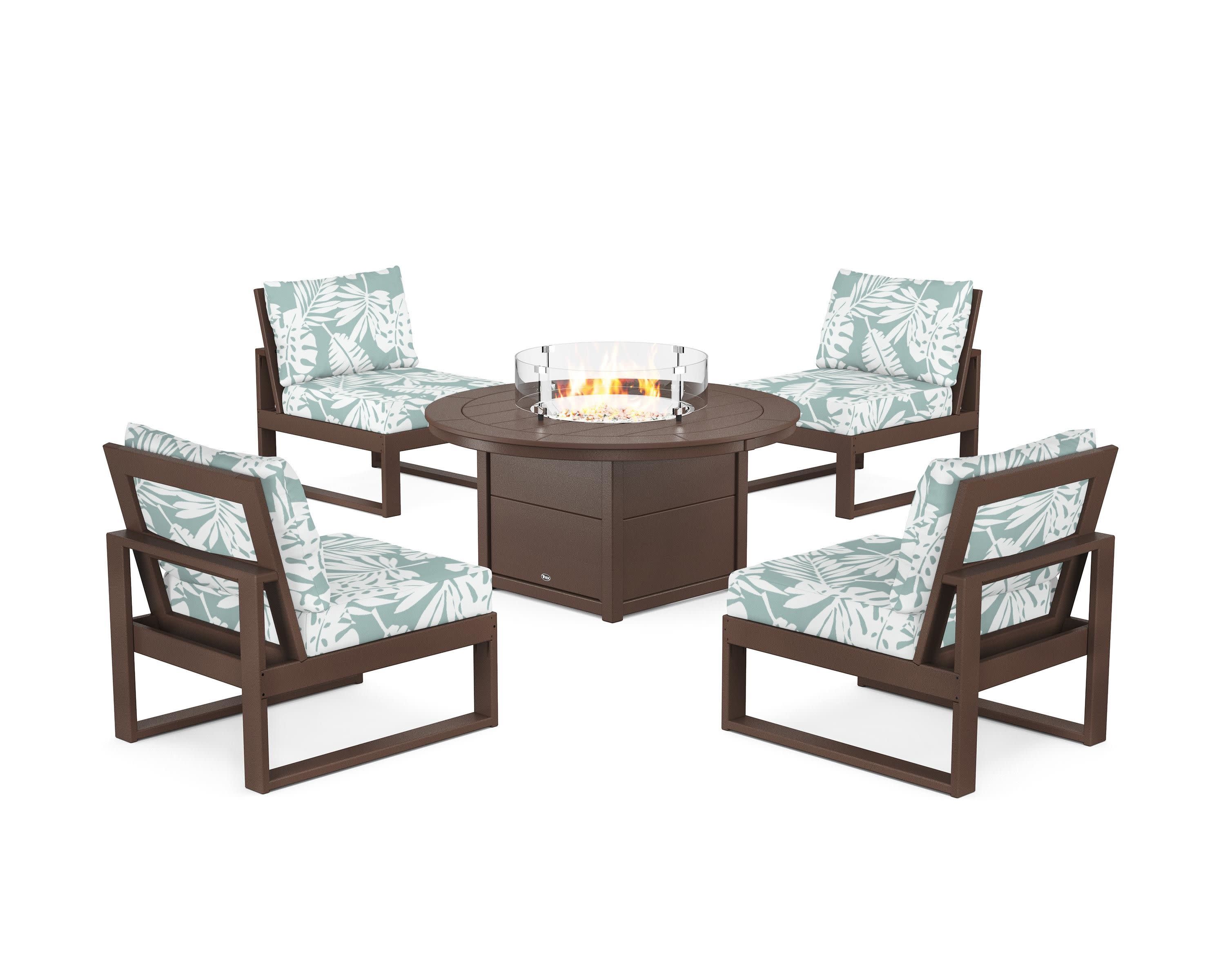 Eastport Modular 5-Piece Deep Seating Set with Round Fire Pit Table in Vintage Lantern / Leaf Glacier Spa
