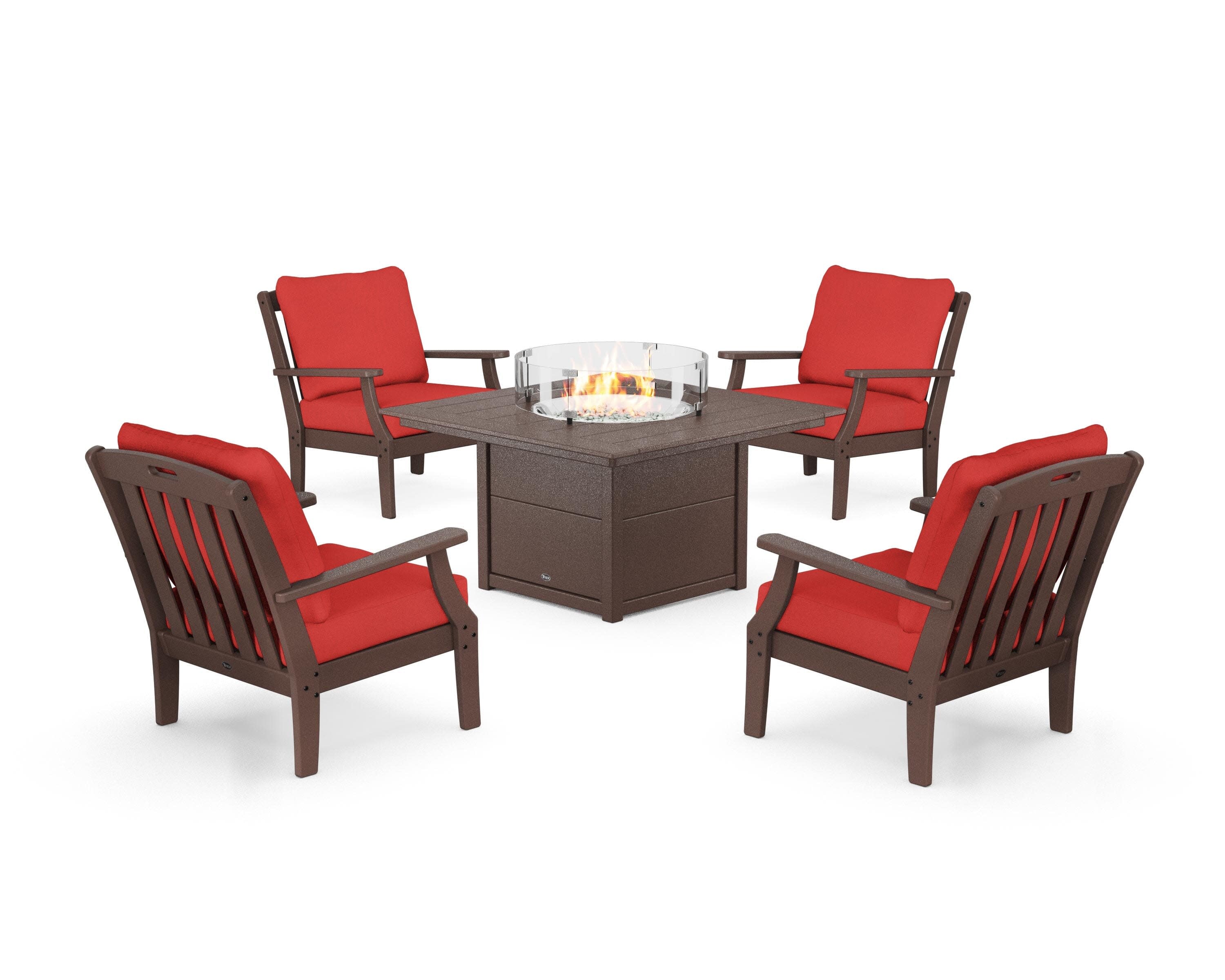 Yacht Club 5-Piece Deep Seating Set with Square Fire Pit Table in Vintage Lantern / Crimson Linen