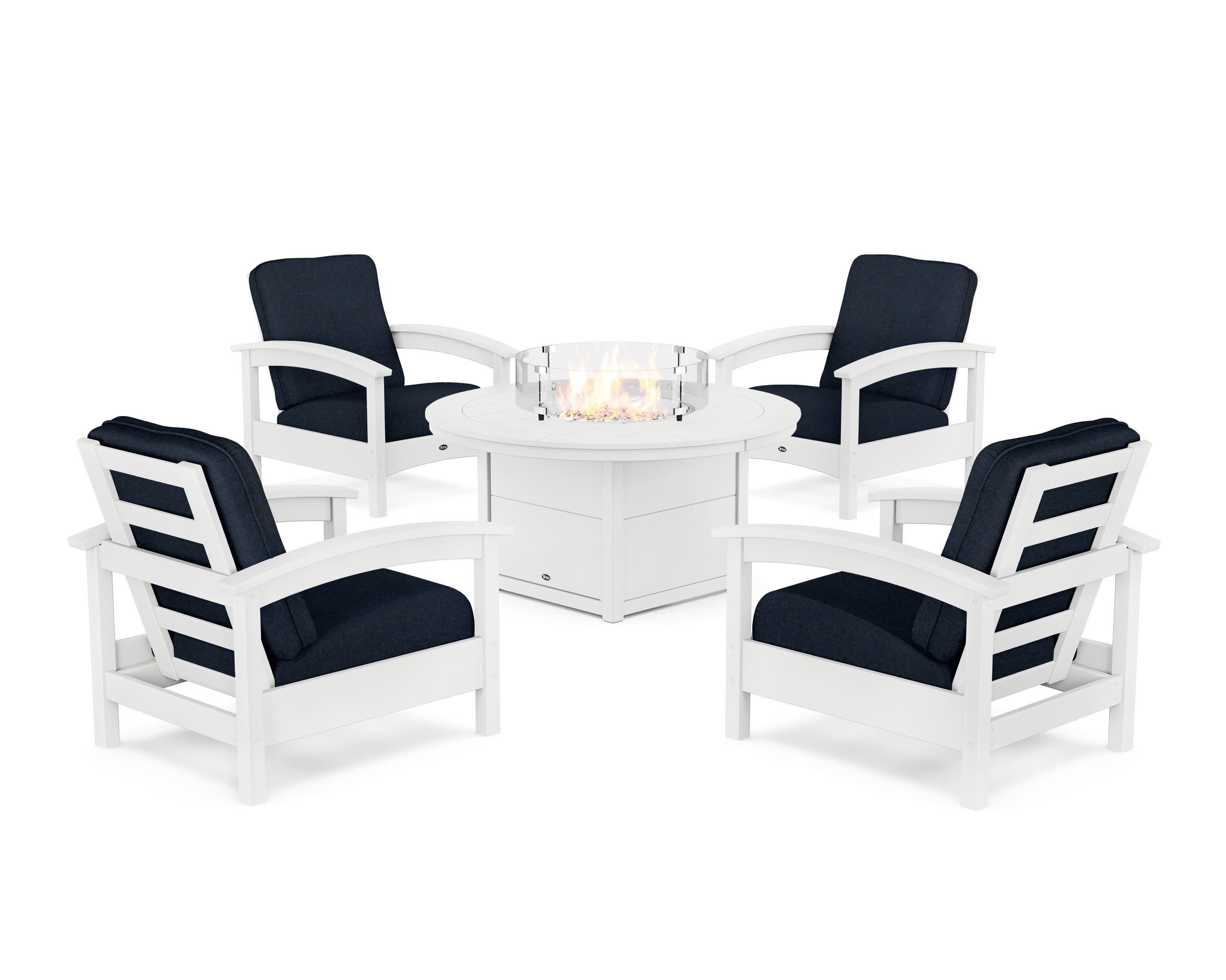 Rockport 5-Piece Deep Seating Set with Round Fire Pit Table in Classic White / Marine Indigo
