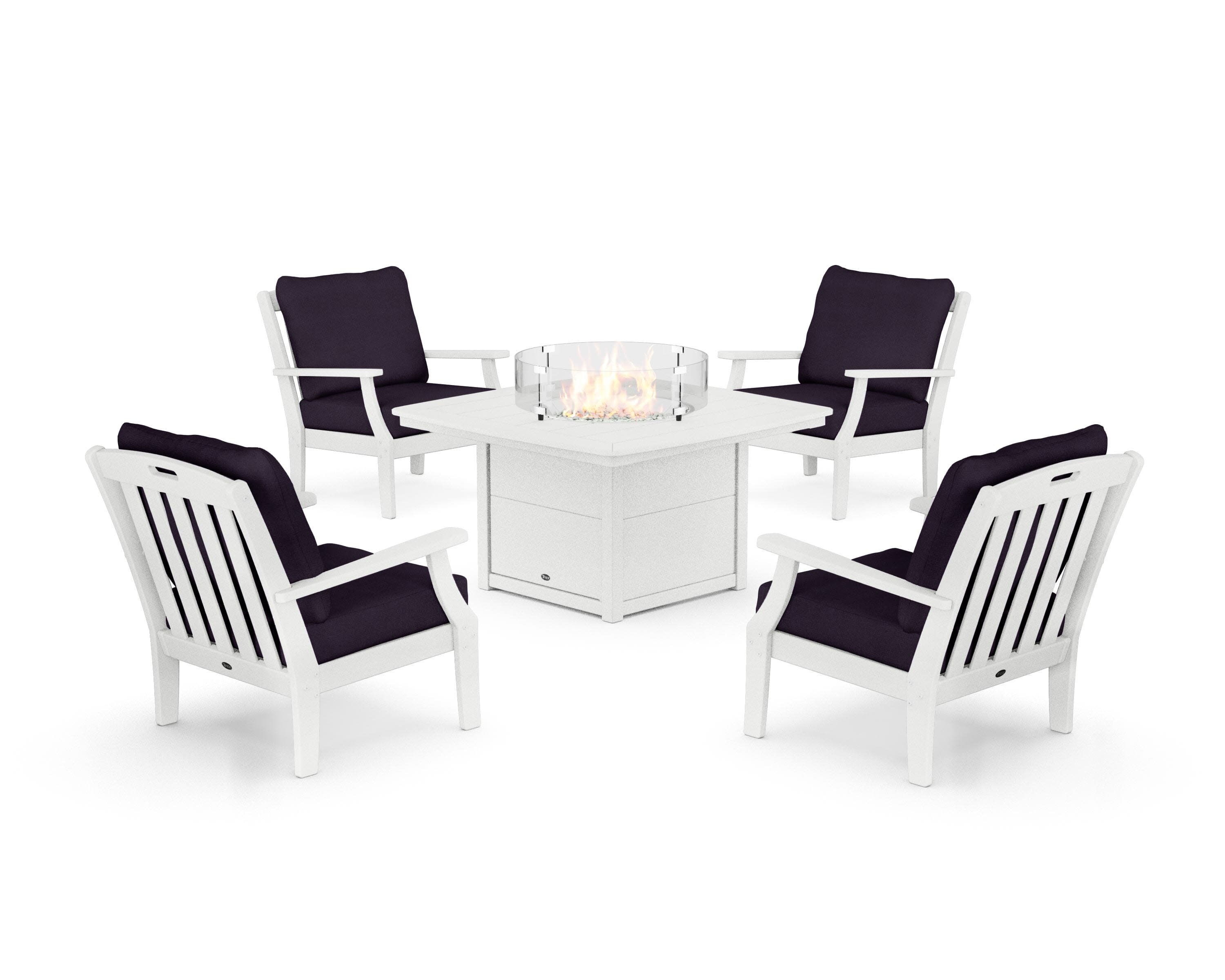 Yacht Club 5-Piece Deep Seating Set with Fire Pit Table in Classic White / Navy Linen