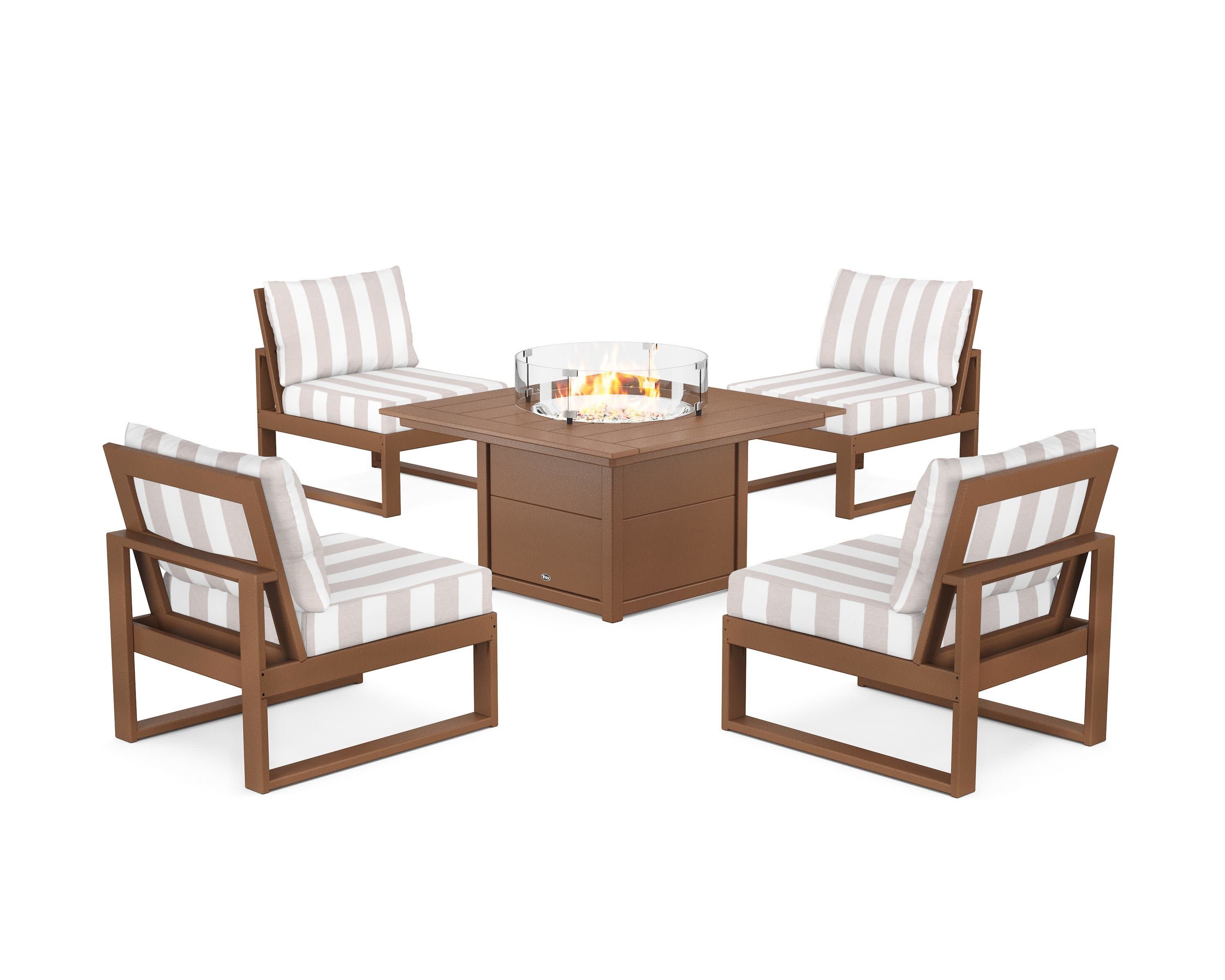 Eastport Modular 5-Piece Deep Seating Set with Square Fire Pit Table in Tree House / Cabana Stripe Dune Burlap
