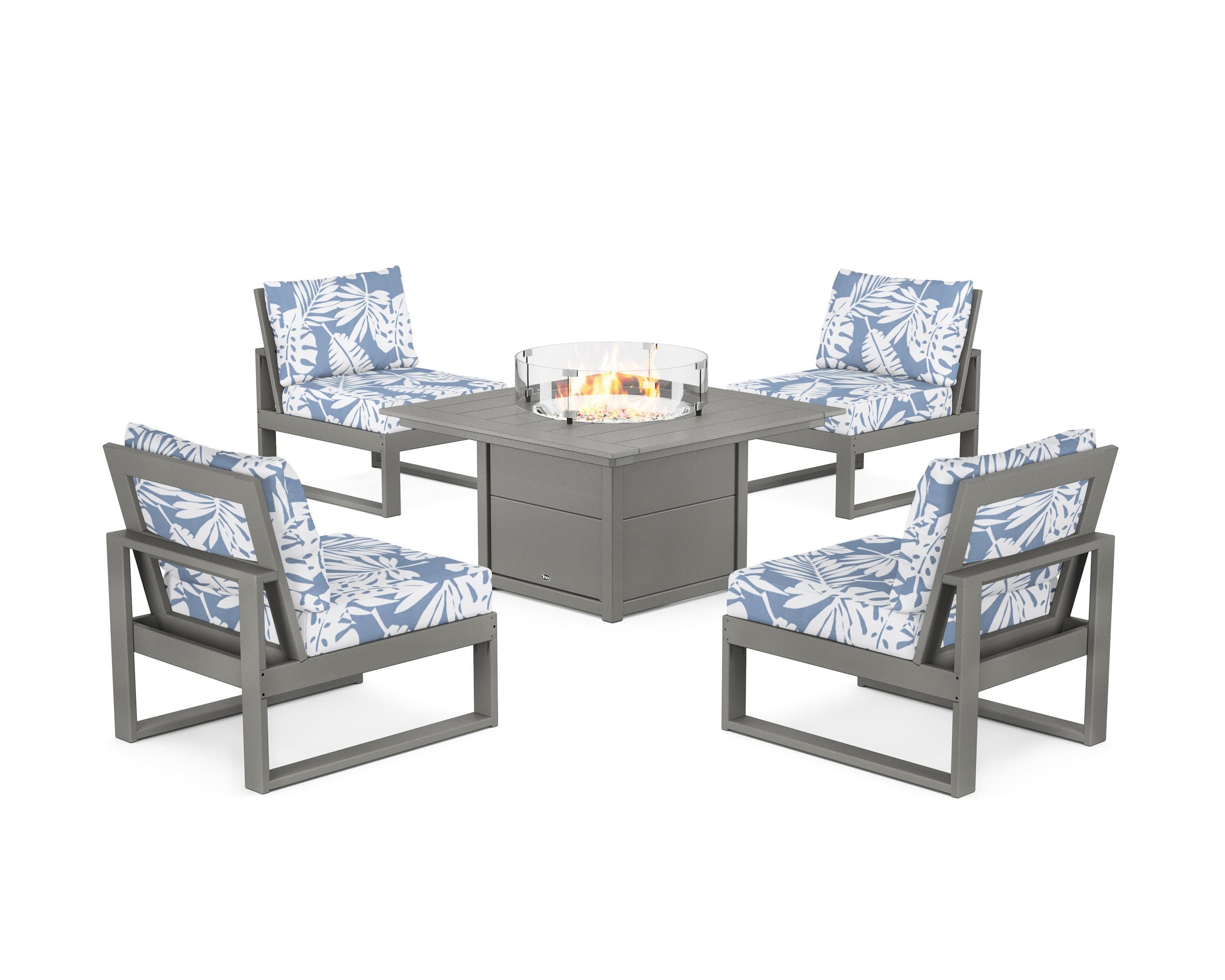 Eastport Modular 5-Piece Deep Seating Set with Square Fire Pit Table in Stepping Stone / Leaf Sky Blue