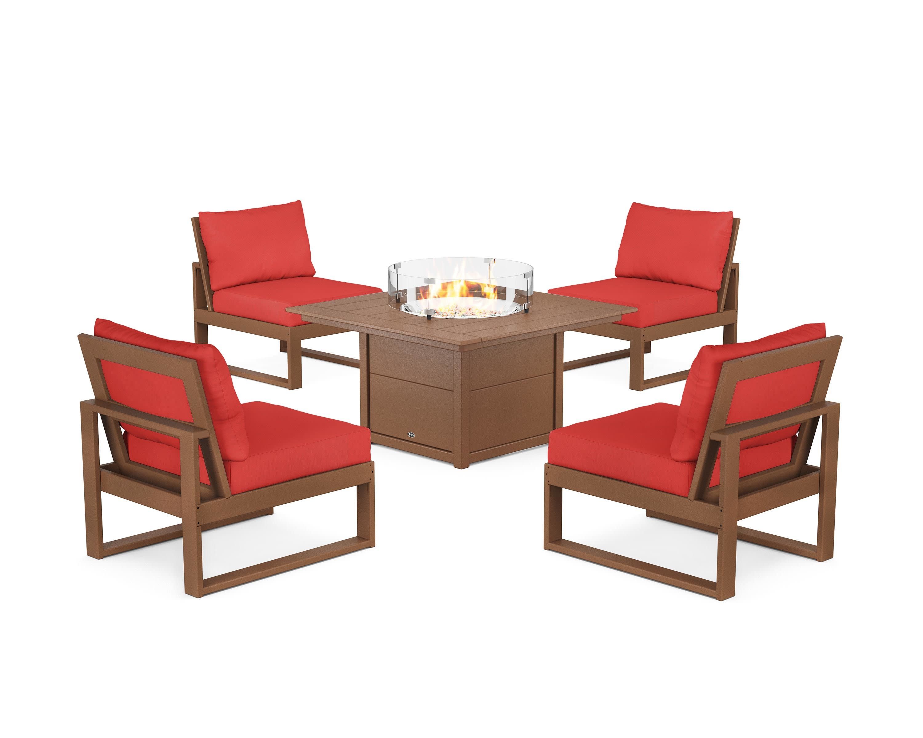 Eastport Modular 5-Piece Deep Seating Set with Square Fire Pit Table in Tree House / Crimson Linen