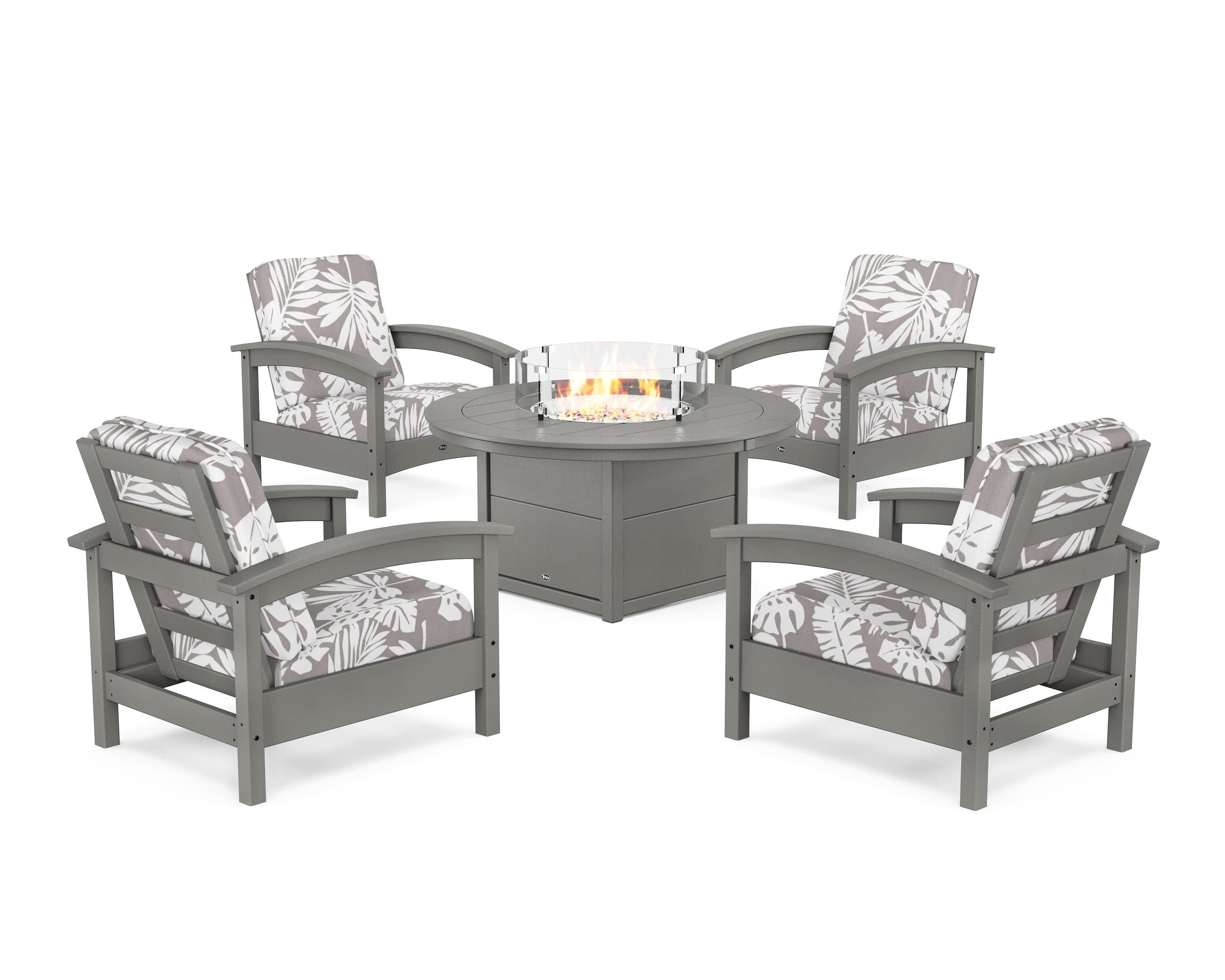 Rockport 5-Piece Deep Seating Set with Round Fire Pit Table in Stepping Stone / Leaf Grey Mist