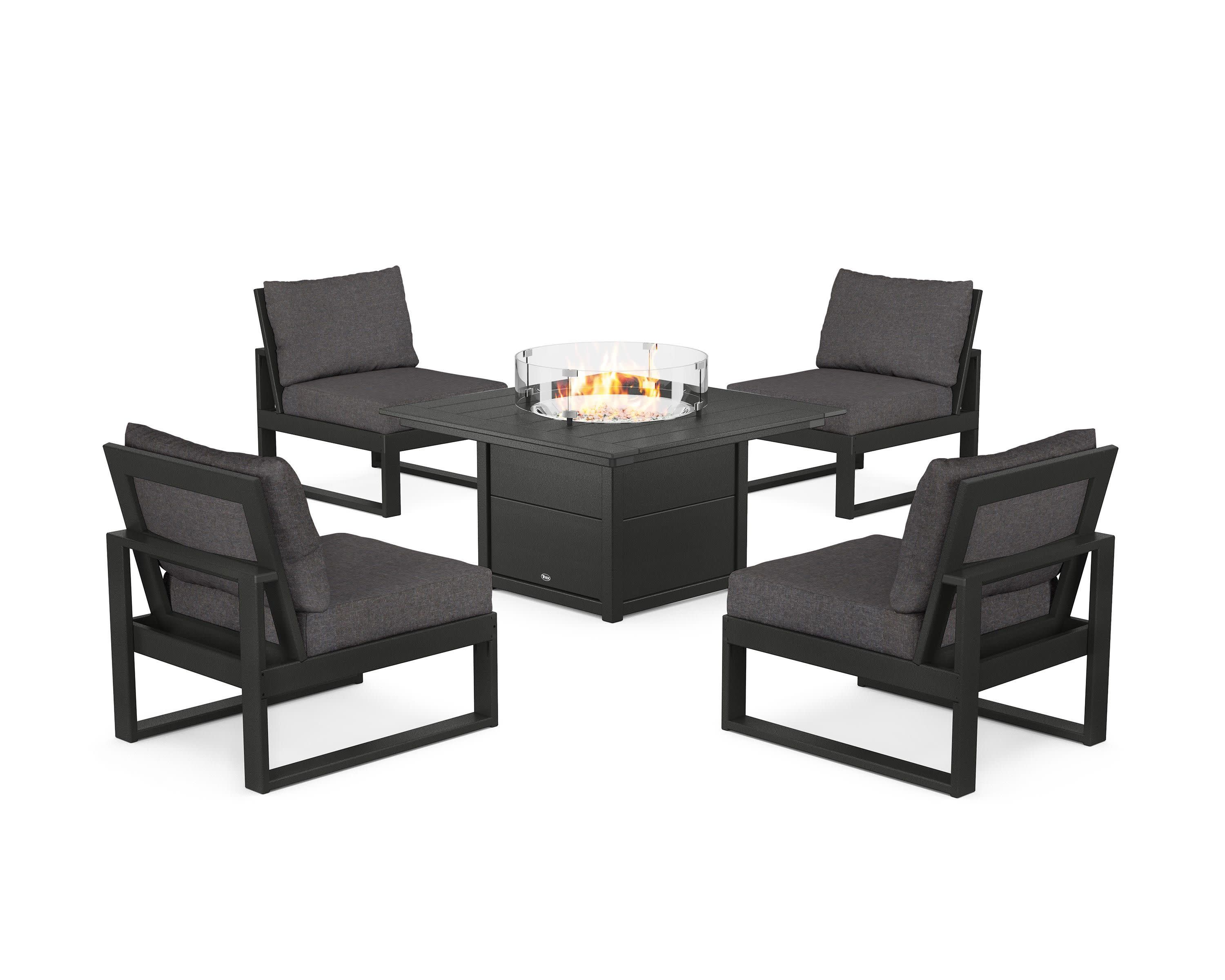 Eastport Modular 5-Piece Deep Seating Set with Square Fire Pit Table in Charcoal Black / Ash Charcoal