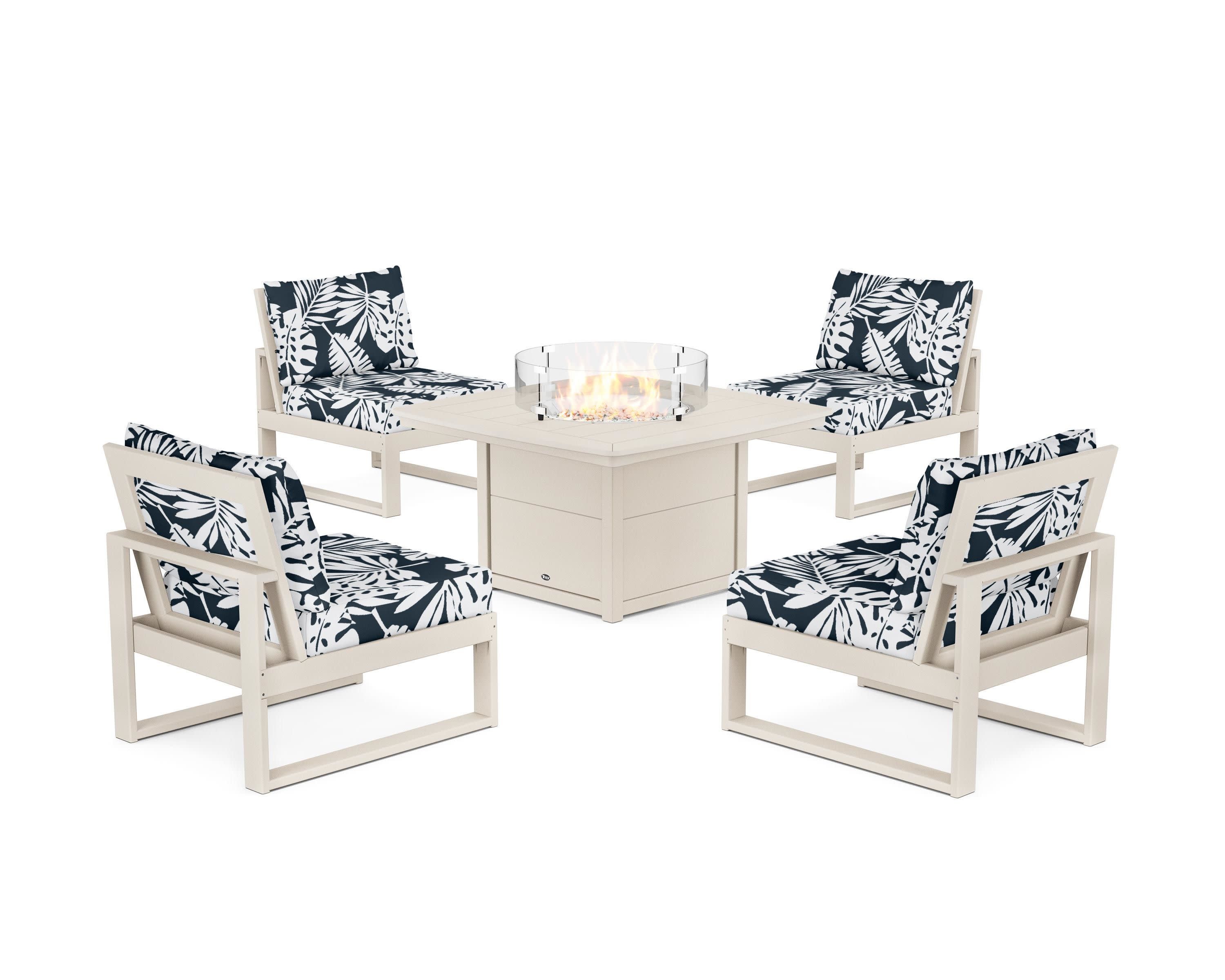 Eastport Modular 5-Piece Deep Seating Set with Yacht Club Fire Pit Table in Sand Castle / Leaf Marine Indigo