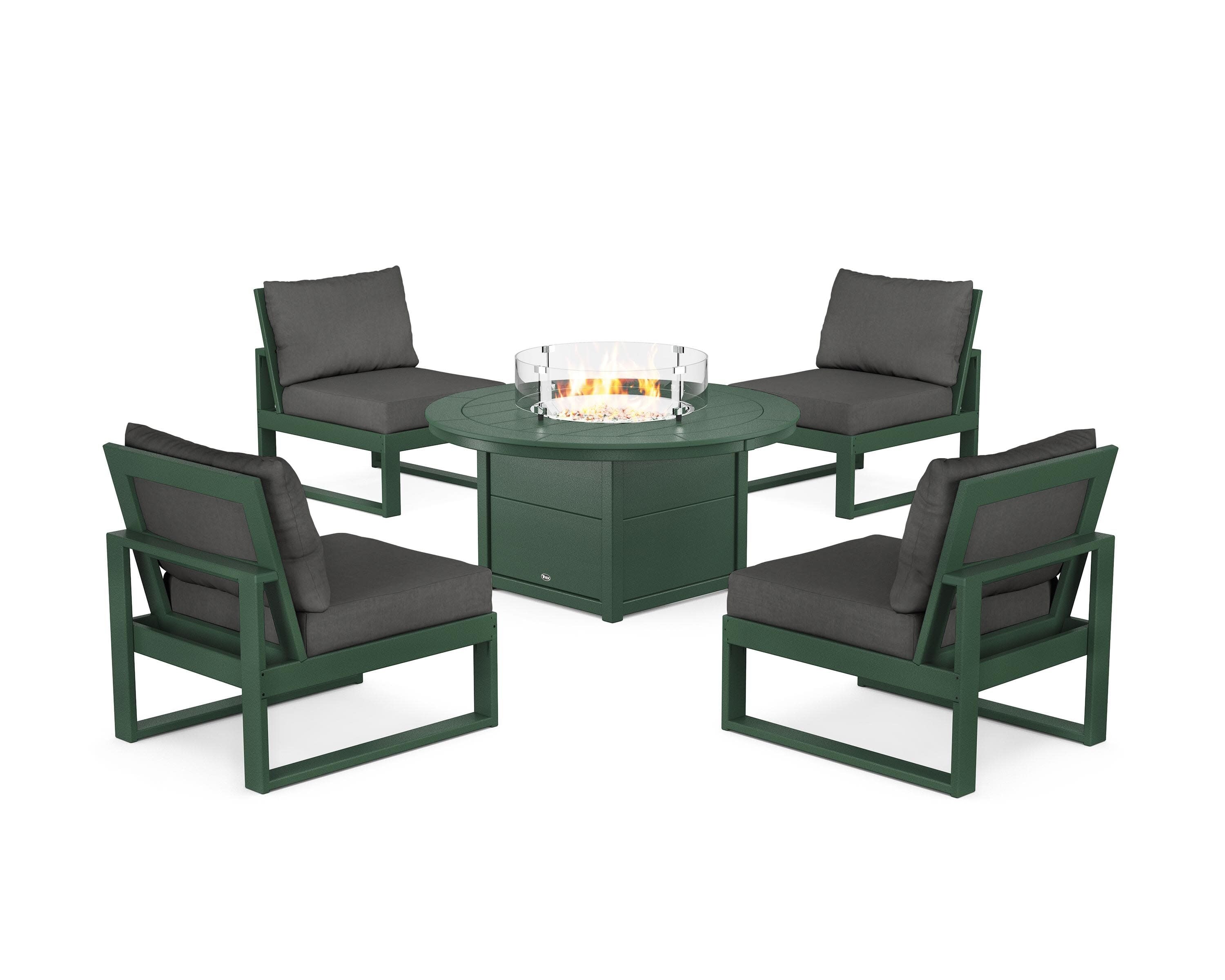 Eastport Modular 5-Piece Deep Seating Set with Round Fire Pit Table in Rainforest Canopy / Spectrum Carbon