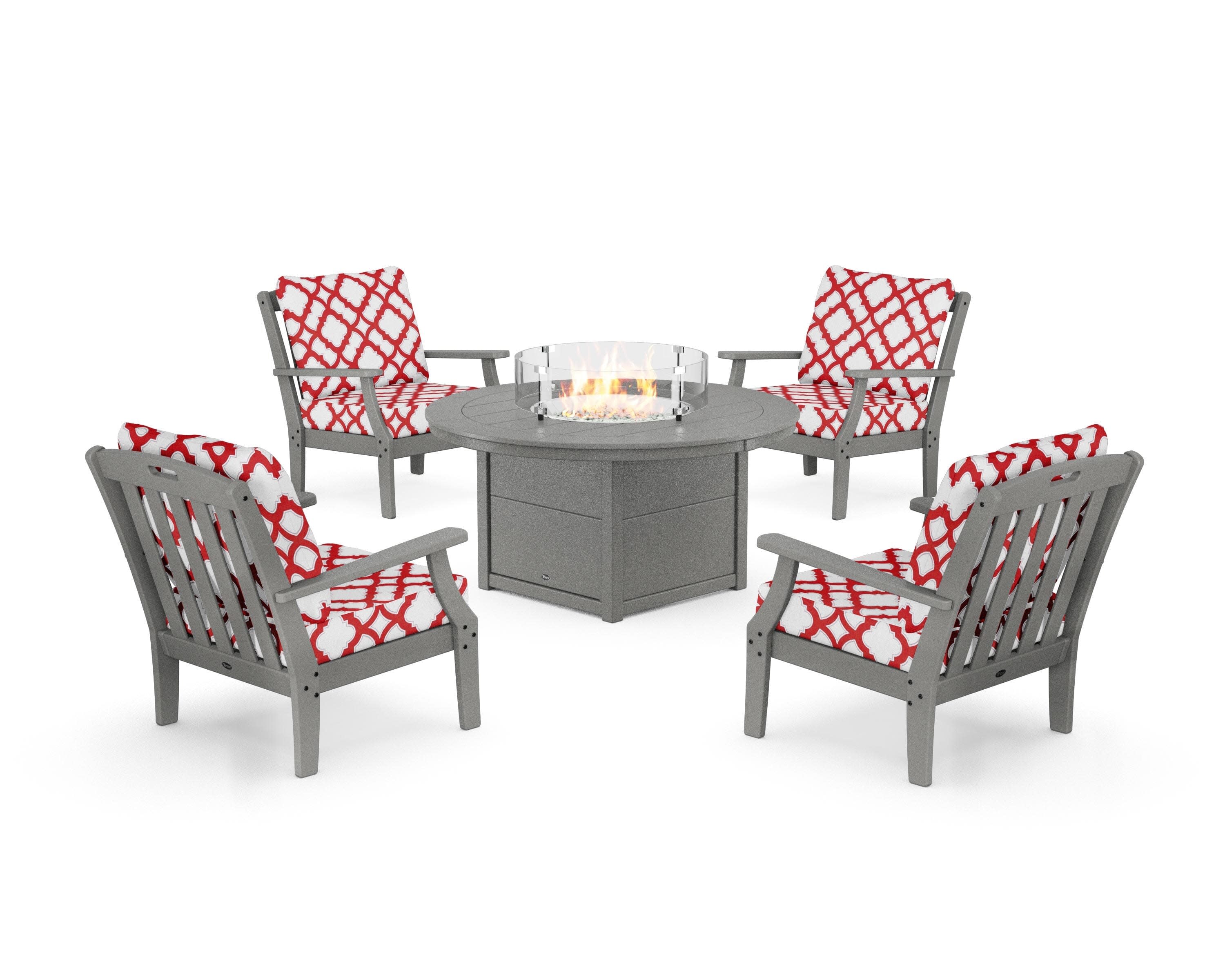 Yacht Club 5-Piece Deep Seating Set with Round Fire Pit Table in Stepping Stone / Trellis Crimson