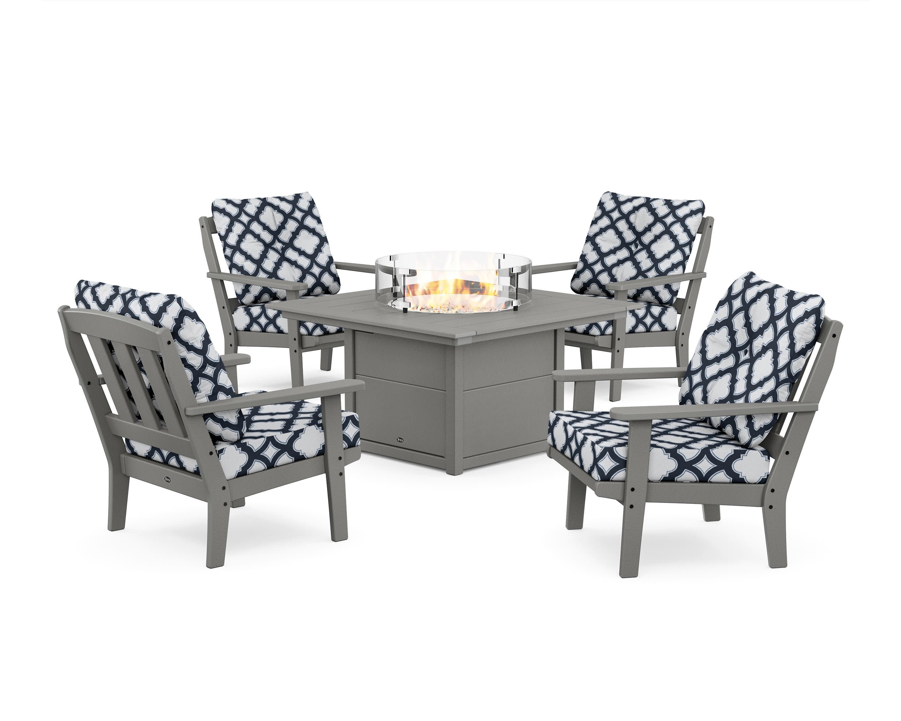Cape Cod 5-Piece Deep Seating Set with Fire Pit Table in Stepping Stone / Trellis Marine Indigo