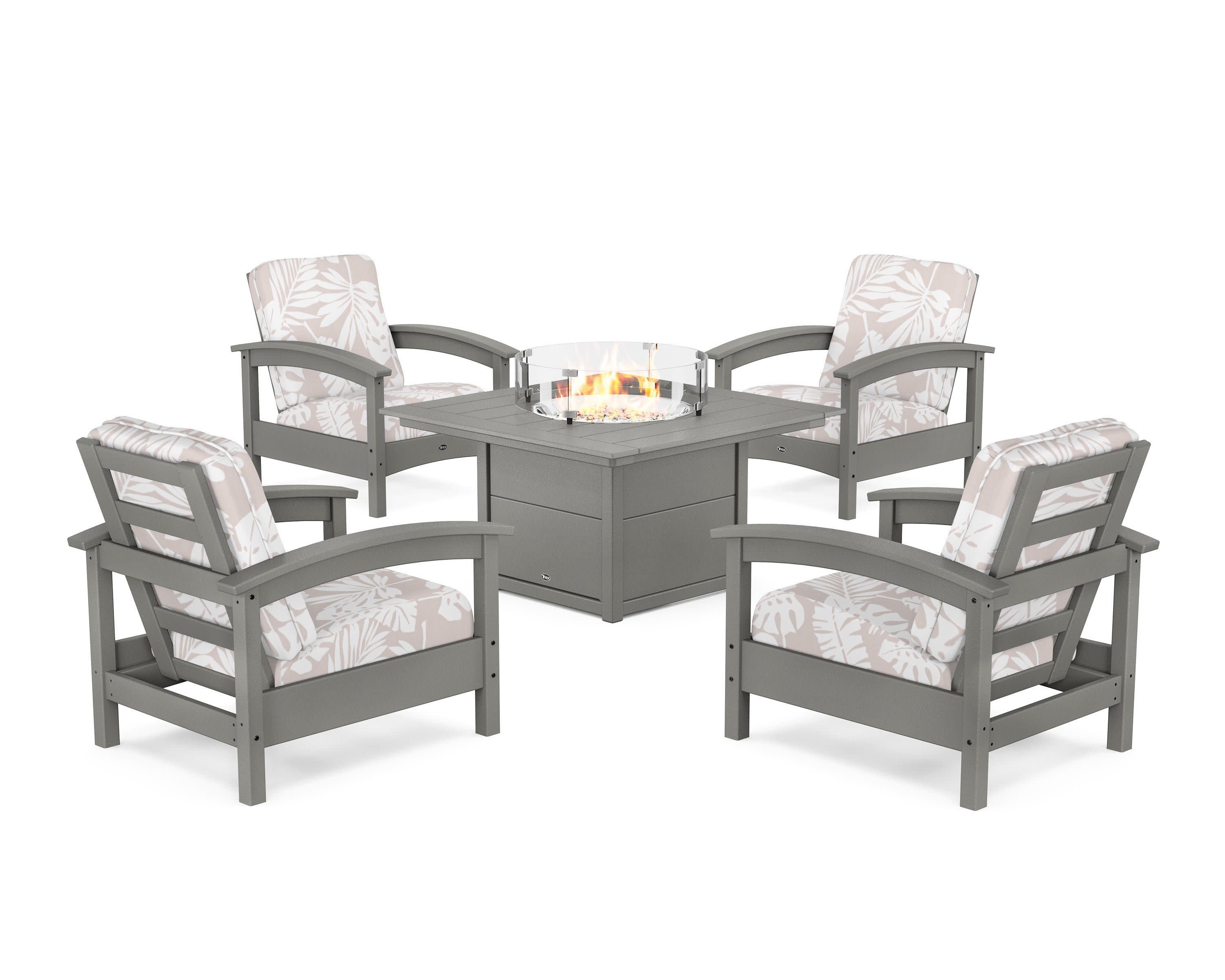 Rockport 5-Piece Deep Seating Set with Square Fire Pit Table in Stepping Stone / Leaf Dune Burlap